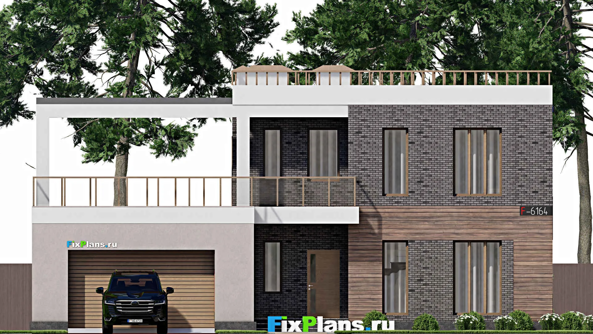 F-6164 - Проект двухэтажного дома 15 на 16, площадью 330 м² с террасой, гаражом на 2 машины и 4 спальнями