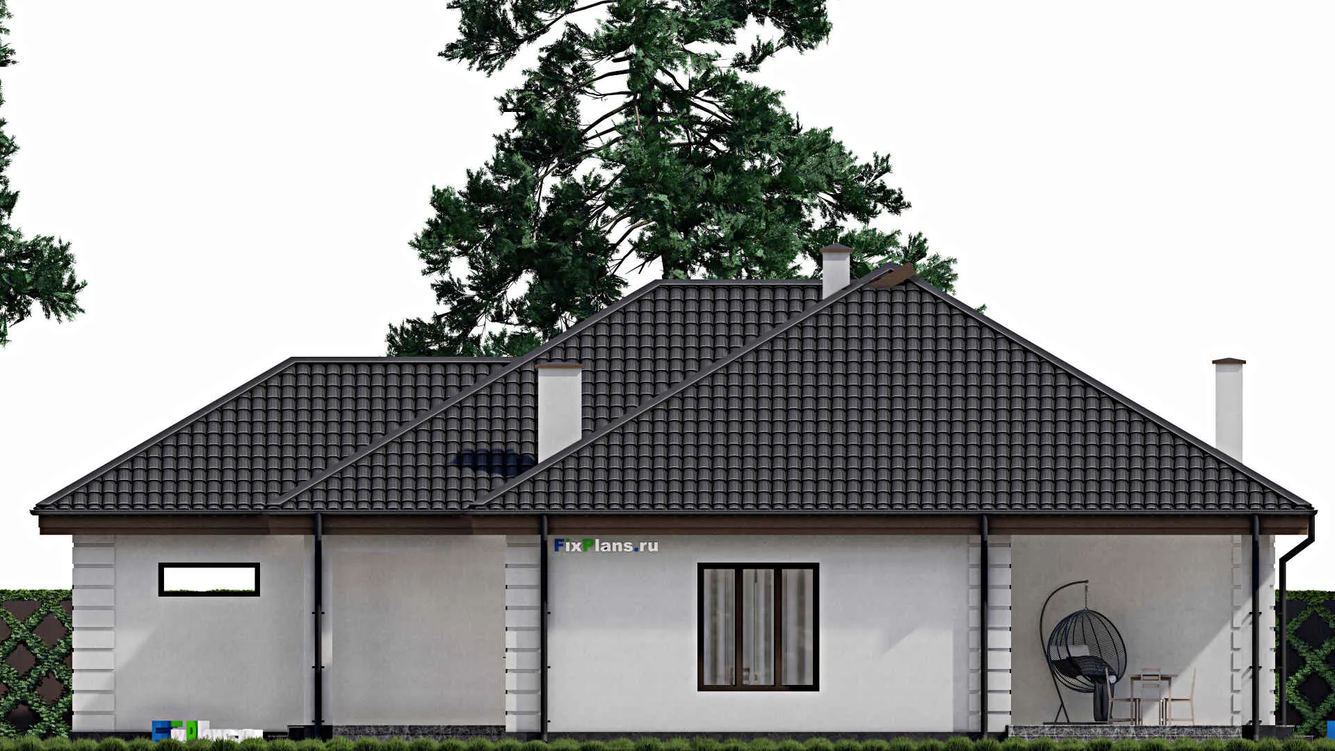 F-1673 - Проект одноэтажного дома 16 на 18, площадью 190 м² с террасой, гаражом на 1 машину и 3 спальнями