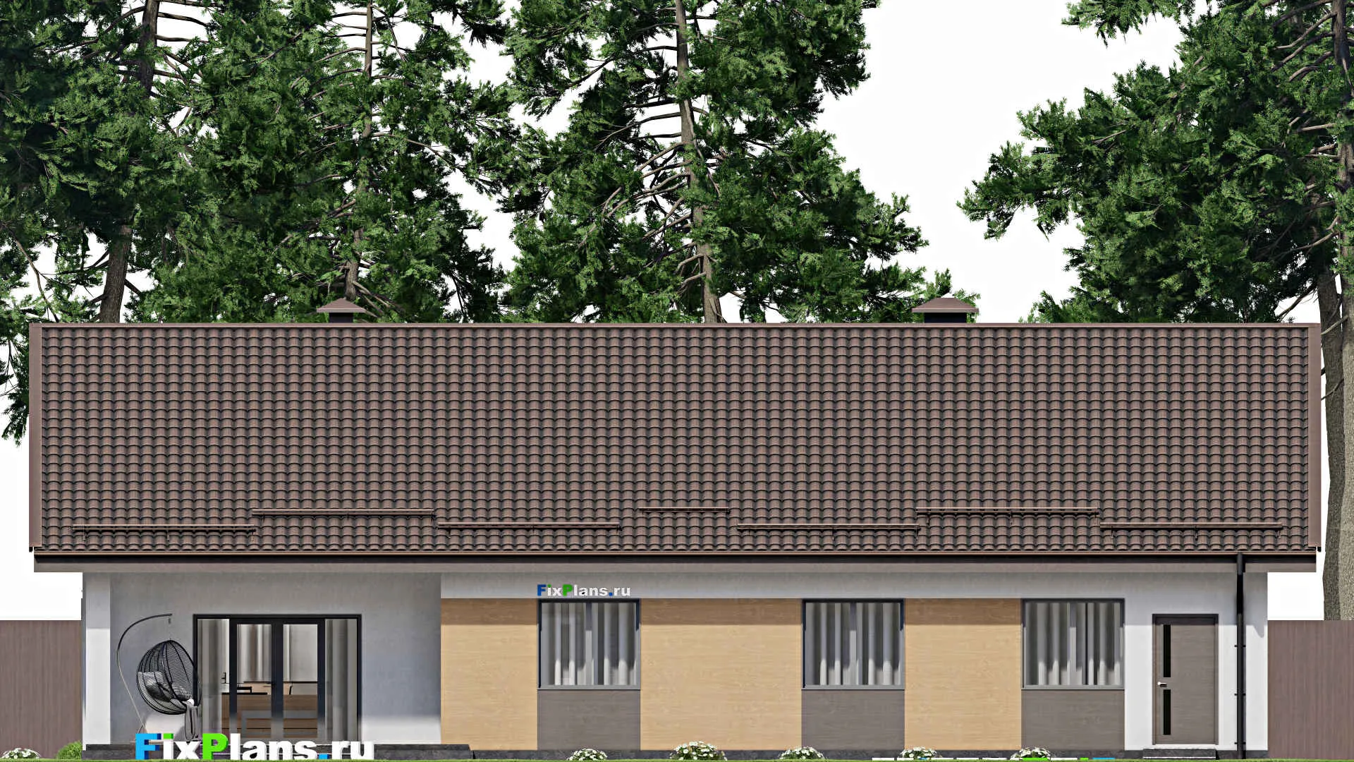 F-2933 - Проект одноэтажного дома 15 на 20, площадью 240 м² с террасой, гаражом на 1 машину и 4 спальнями