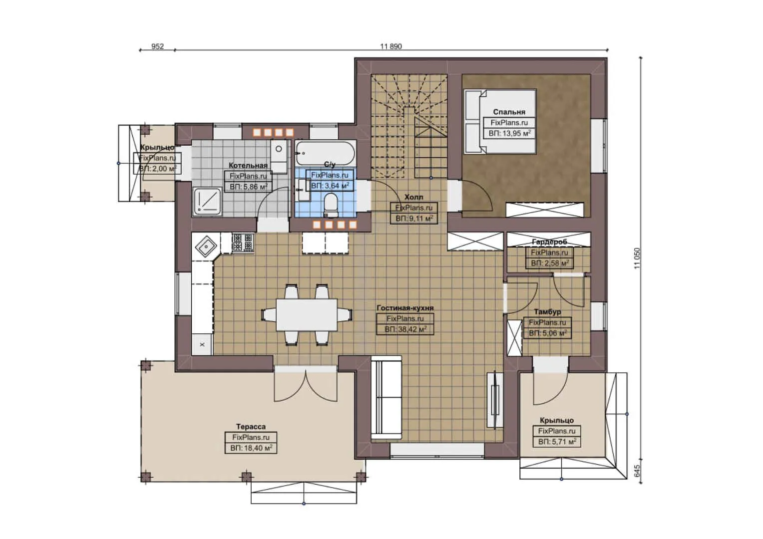 F-5075 - Планы двухэтажного дома 12 на 12, площадью 200 м² с террасой, балконом и 4 спальнями