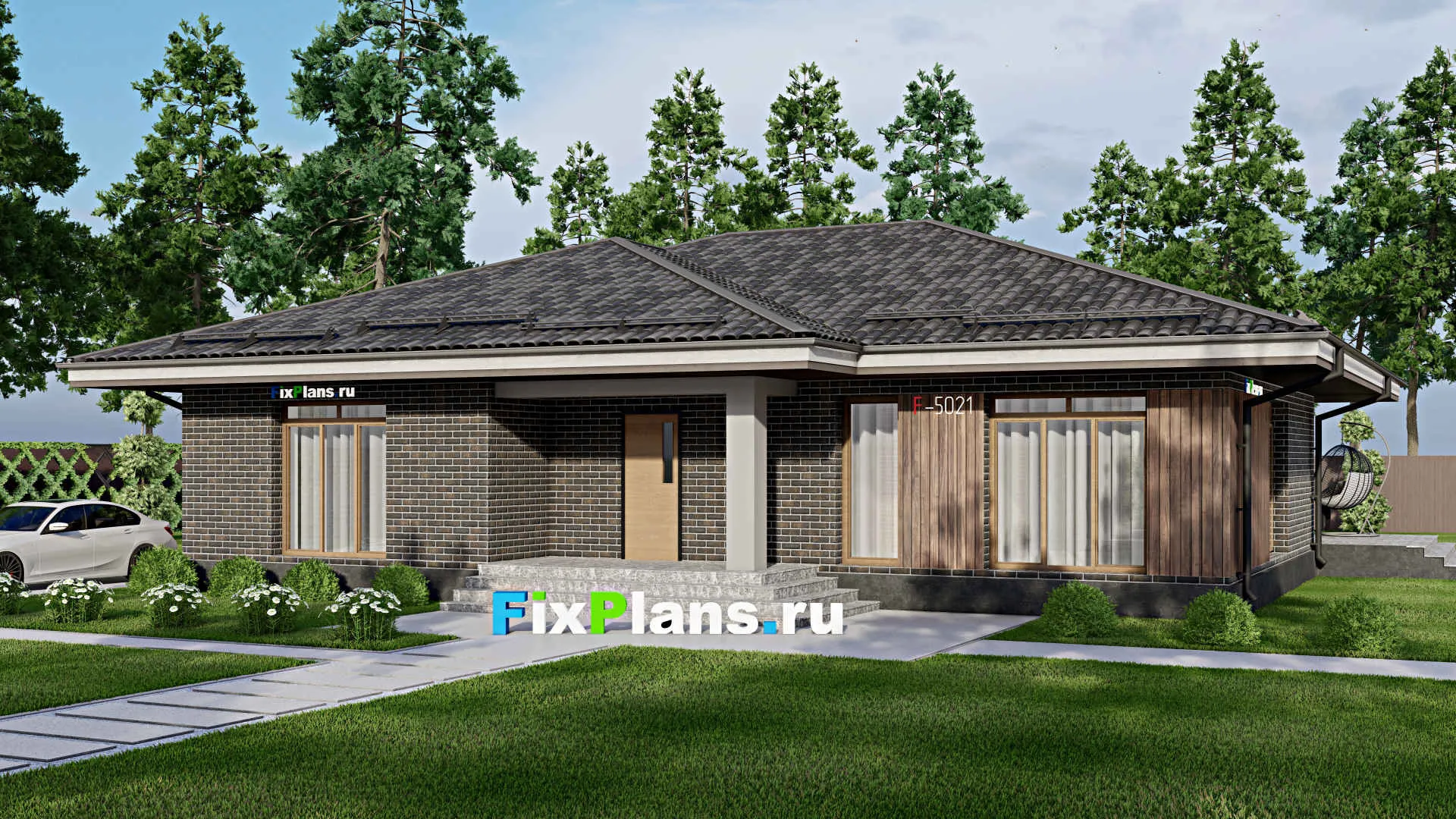 F-5021 - Проект одноэтажного дома 14 на 16, площадью 170 м² с террасой и 3 спальнями