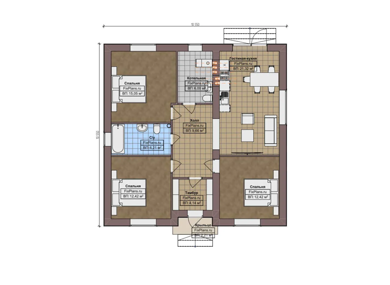 F-9161 - План одноэтажного дома 11 на 11, площадью 90 м² с 3 спальнями