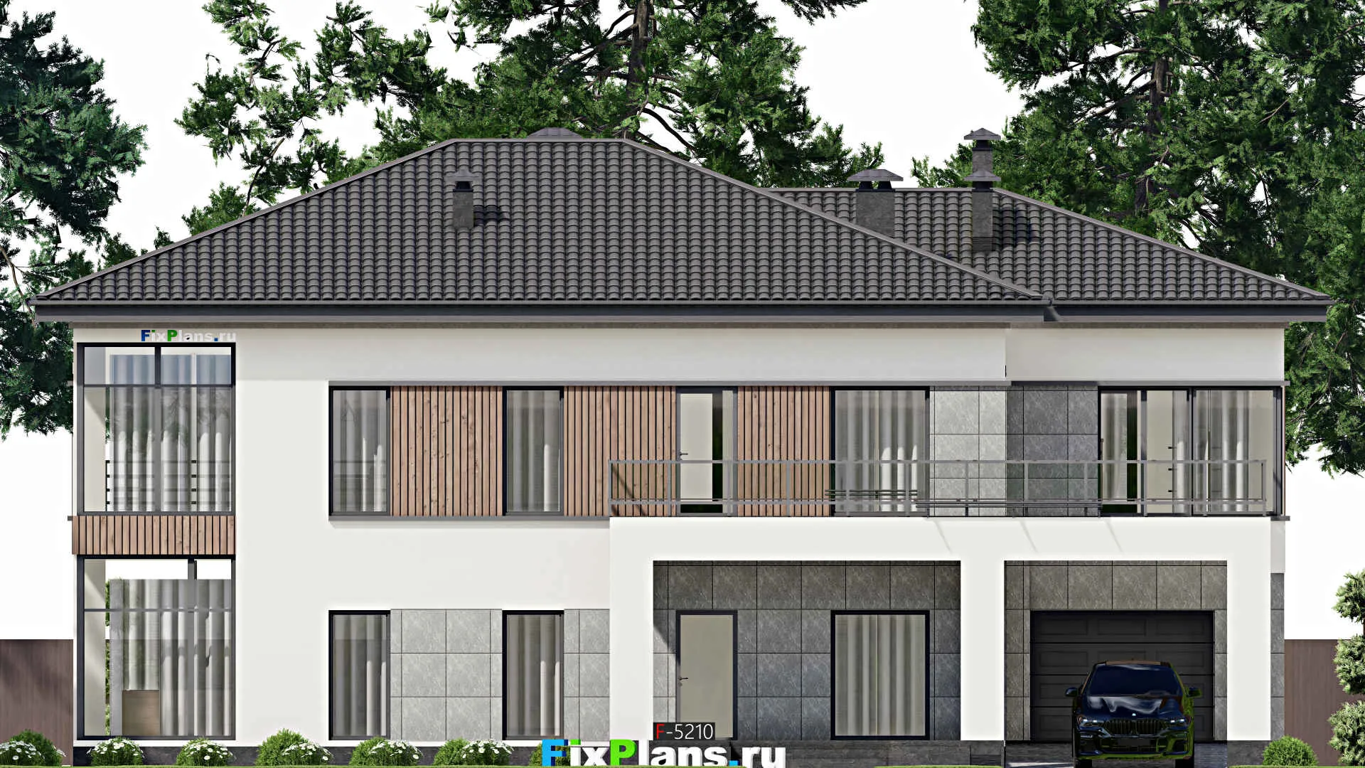 F-5210 - Проект двухэтажного дома 15 на 20, площадью 460 м² с балконом, гаражом на 1 машину, спортзалом и 1 спальнями