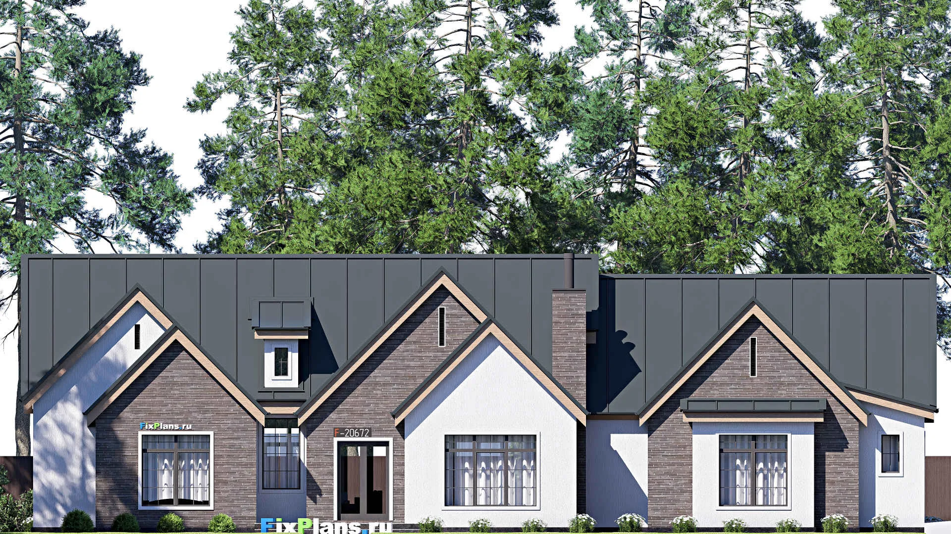 F-20672 - Проект одноэтажного дома 16 на 27, площадью 270 м² с террасой, гаражом на 2 машины и 3 спальнями