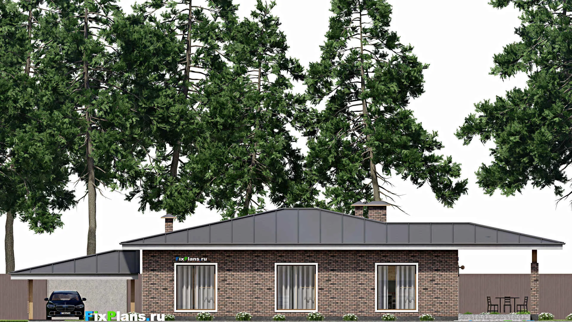 F-12329 - Проект одноэтажного дома 14 на 26, площадью 250 м² с террасой и 3 спальнями