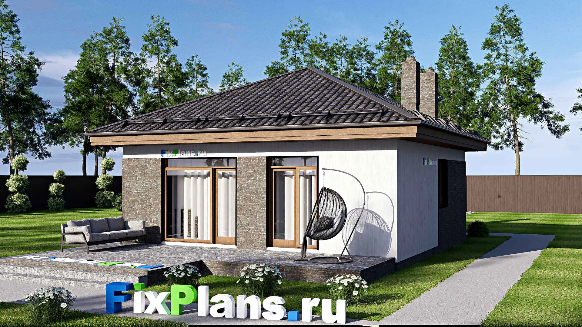 F-16442 - Проект одноэтажного дома 9 на 15, площадью 90 м² с террасой и 1 спальнями