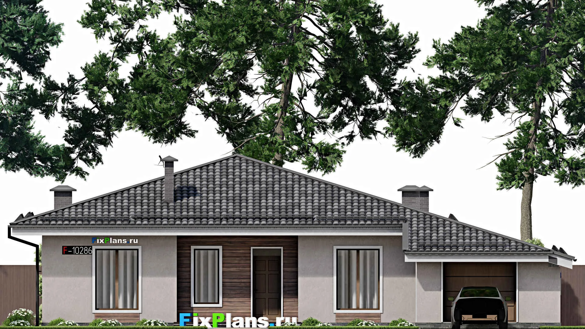 F-10286 - Проект одноэтажного дома 18 на 20, площадью 190 м² с террасой, гаражом на 1 машину и 4 спальнями