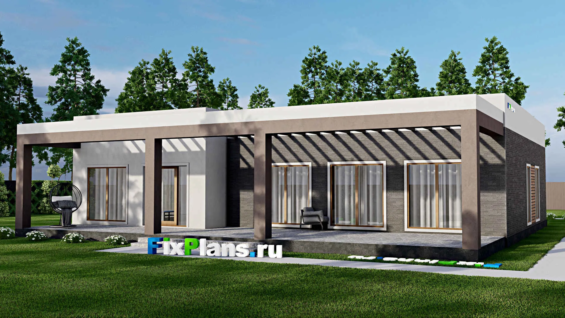 F-8765 - Проект одноэтажного дома 18 на 25, площадью 330 м² с террасой, гаражом на 2 машины и 3 спальнями