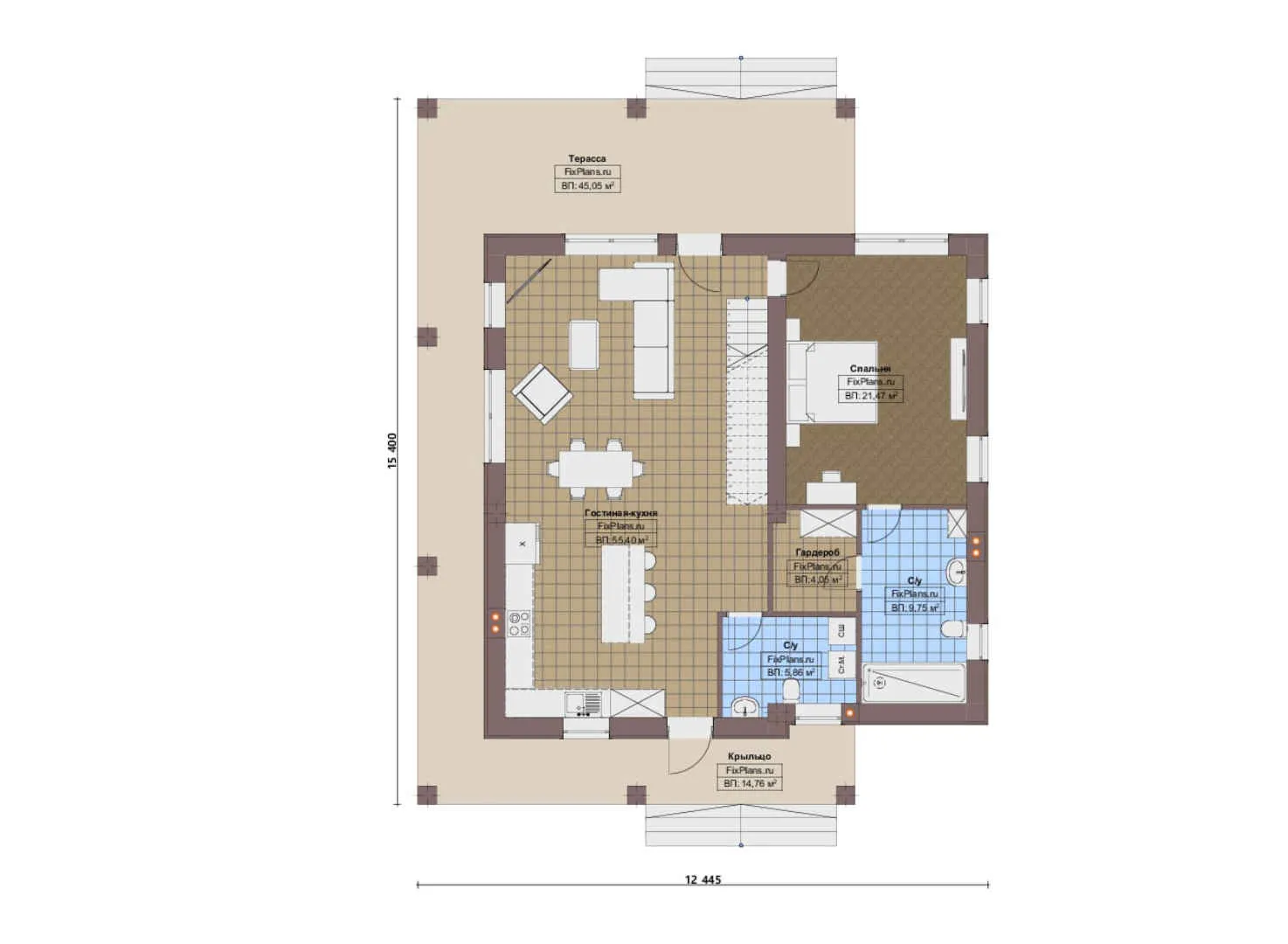 F-17108 - Планы дома с мансардой 13 на 16, площадью 220 м² с террасой и 3 спальнями