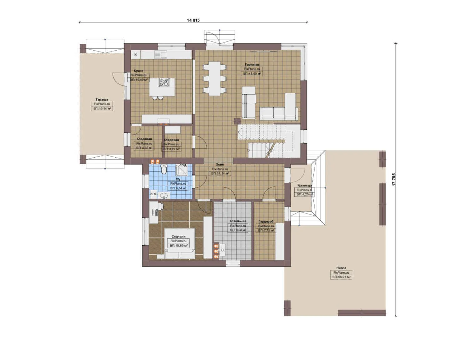 F-17054 - Планы двухэтажного дома 15 на 18, площадью 340 м² с террасой, балконом и 4 спальнями