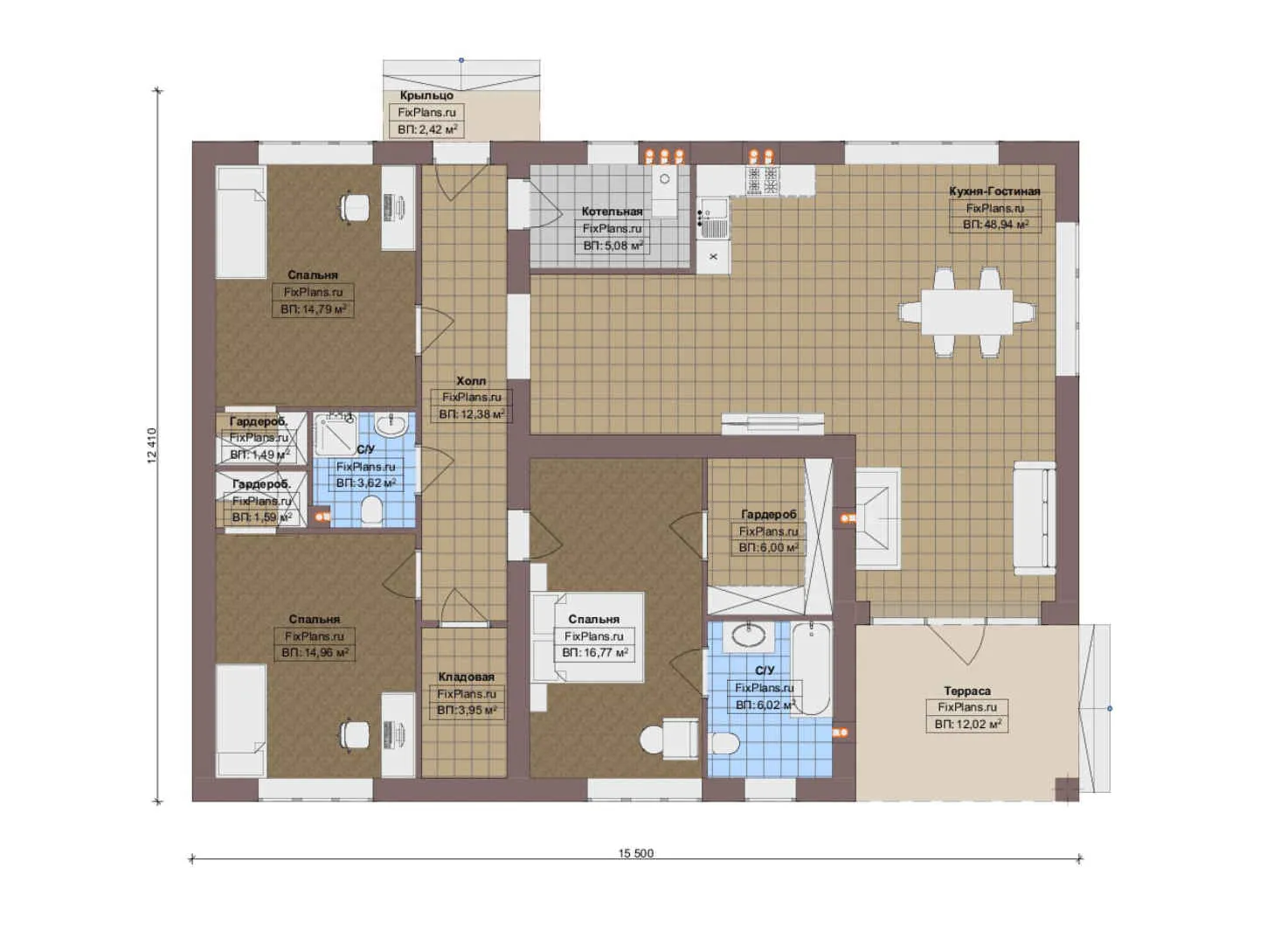 F-19124 - План одноэтажного дома 13 на 16, площадью 150 м² с террасой и 3 спальнями