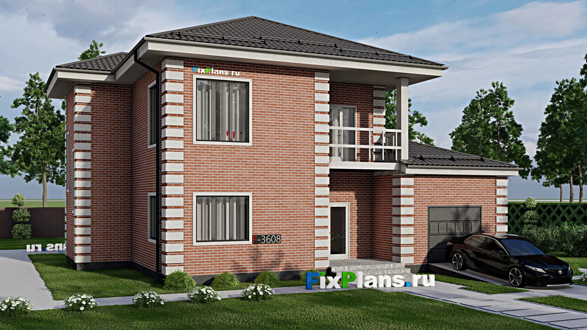 F-3608 - Проект двухэтажного дома 15 на 16, площадью 270 м² с террасой, балконом, гаражом на 2 машины и 4 спальнями