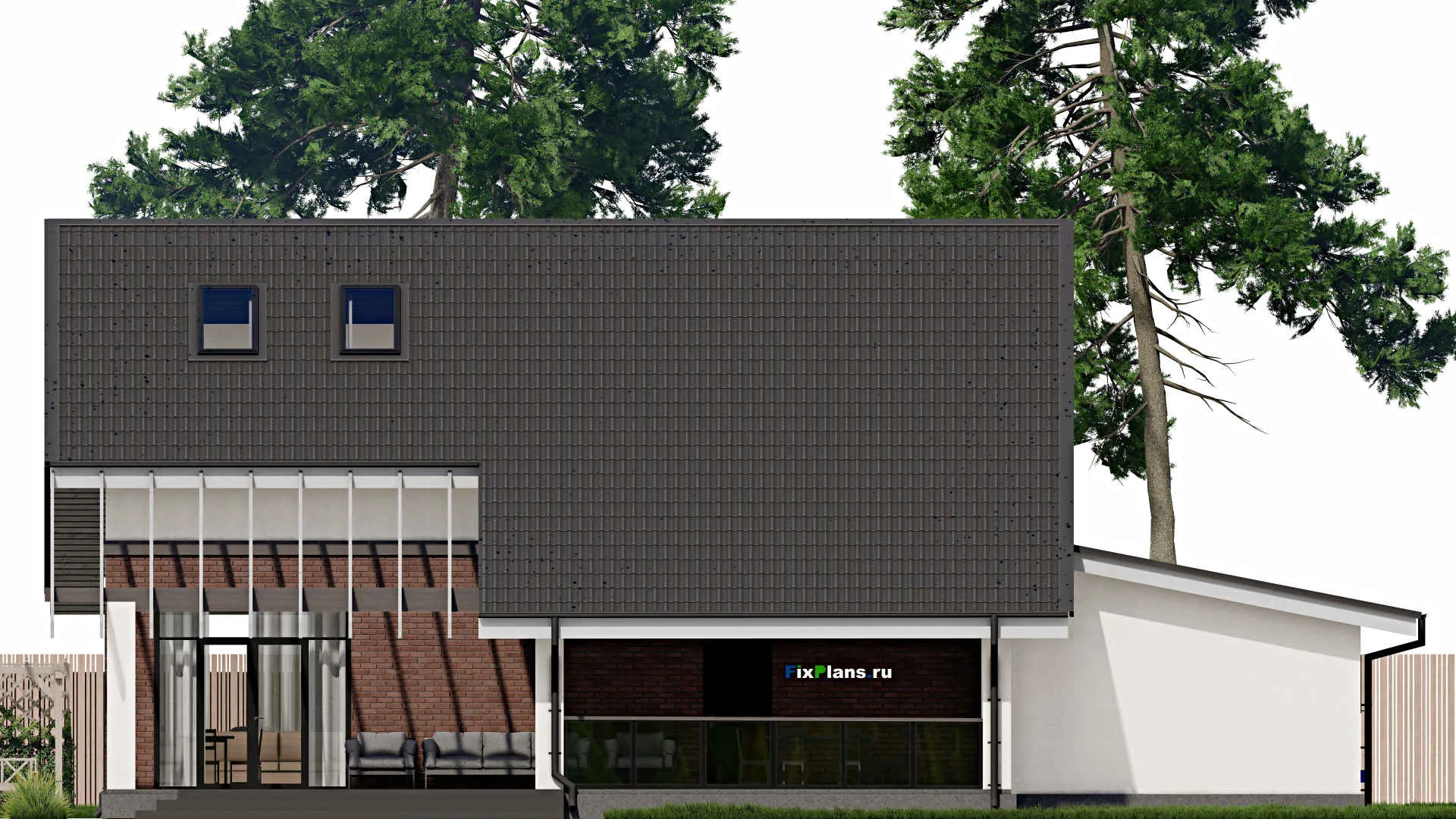 F-0062 - Планы дома с мансардой 14 на 18, площадью 280 м² с террасой, гаражом на 2 машины и 3 спальнями