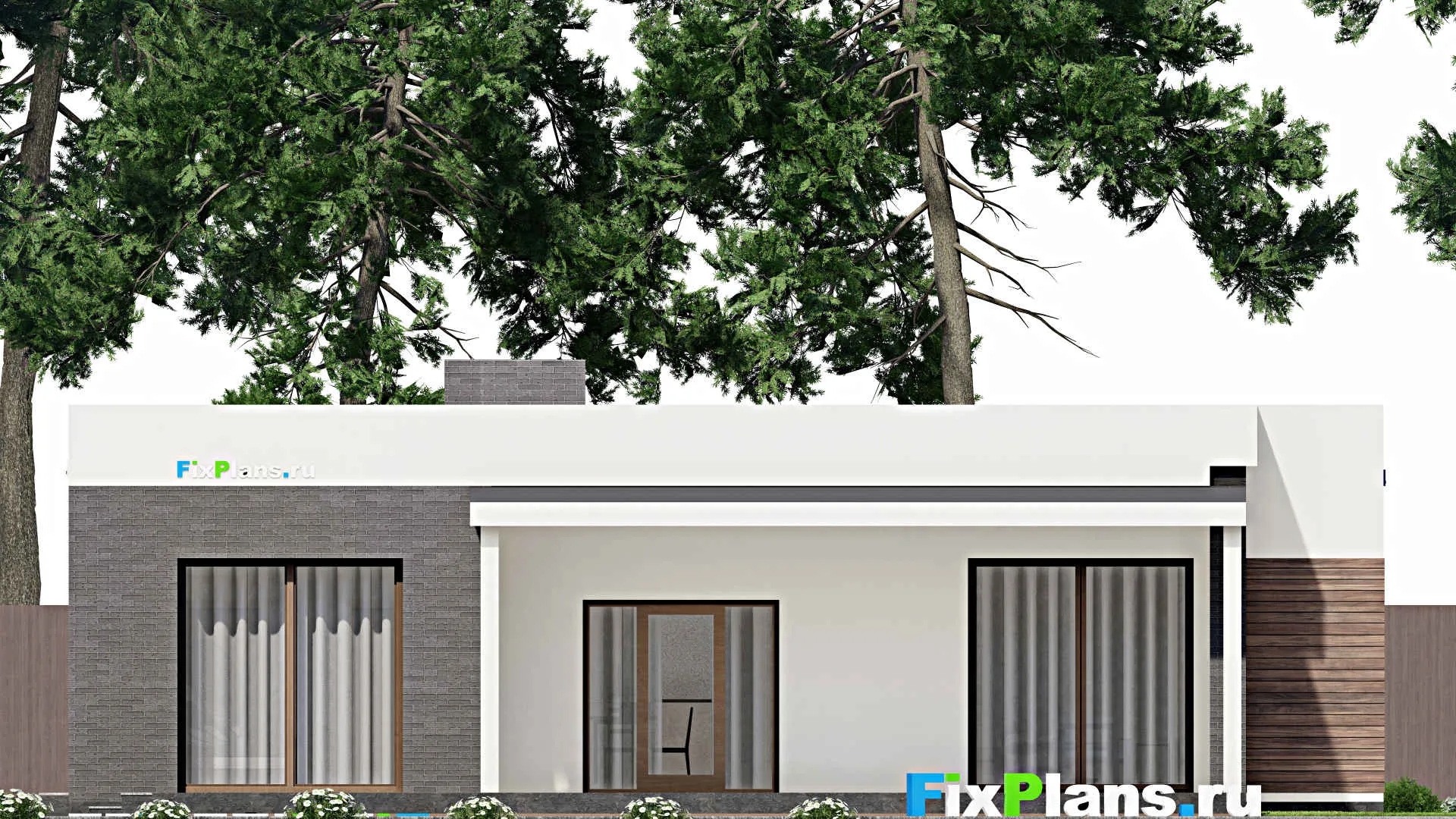 F-2888 - Проект одноэтажного дома 15 на 18, площадью 200 м² с террасой, гаражом на 1 машину и 3 спальнями