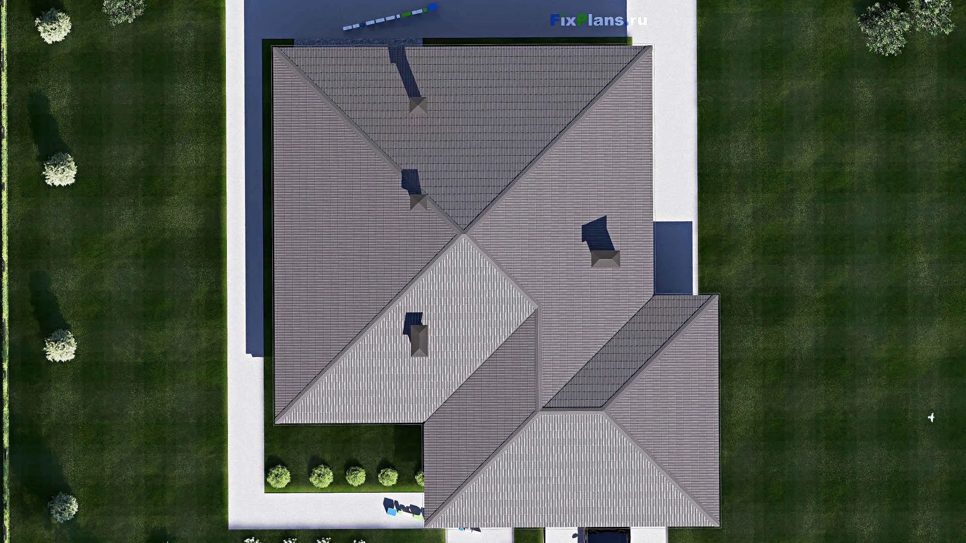 F-17738 - Проект одноэтажного дома 17 на 20, площадью 210 м² с террасой, гаражом на 2 машины и 3 спальнями