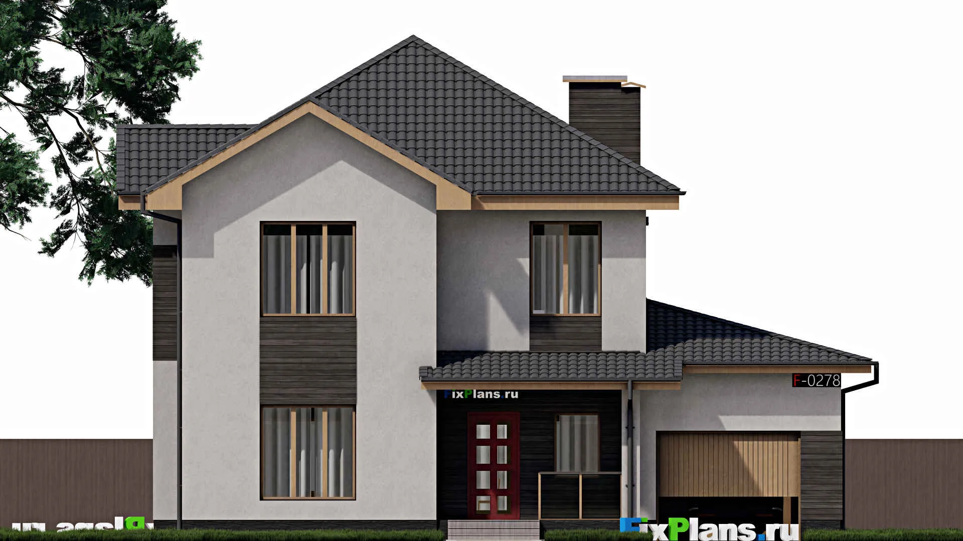 F-0278i - Проект двухэтажного дома 12 на 15, площадью 220 м² с террасой, гаражом на 1 машину и 3 спальнями