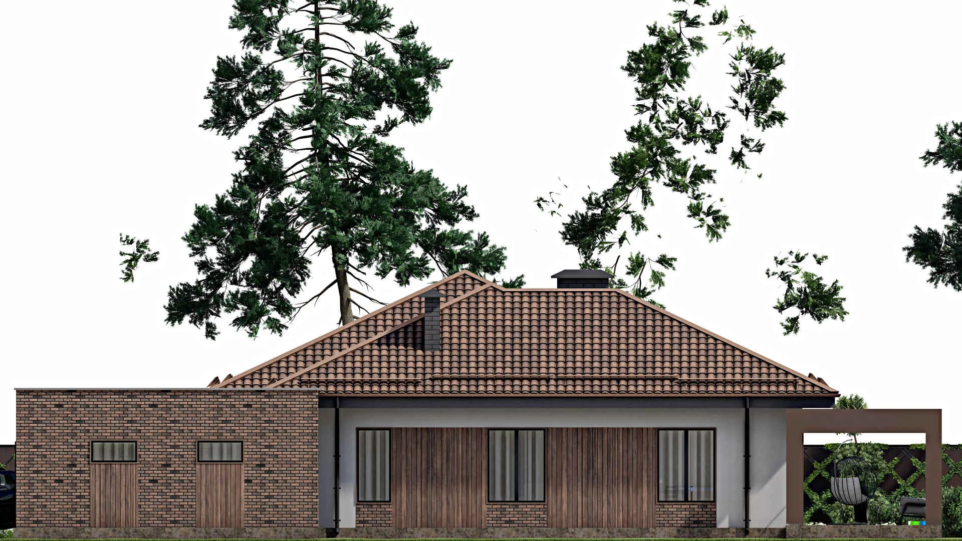 F-9026 - Проект одноэтажного дома 19 на 24, площадью 240 м² с террасой, гаражом на 2 машины и 3 спальнями