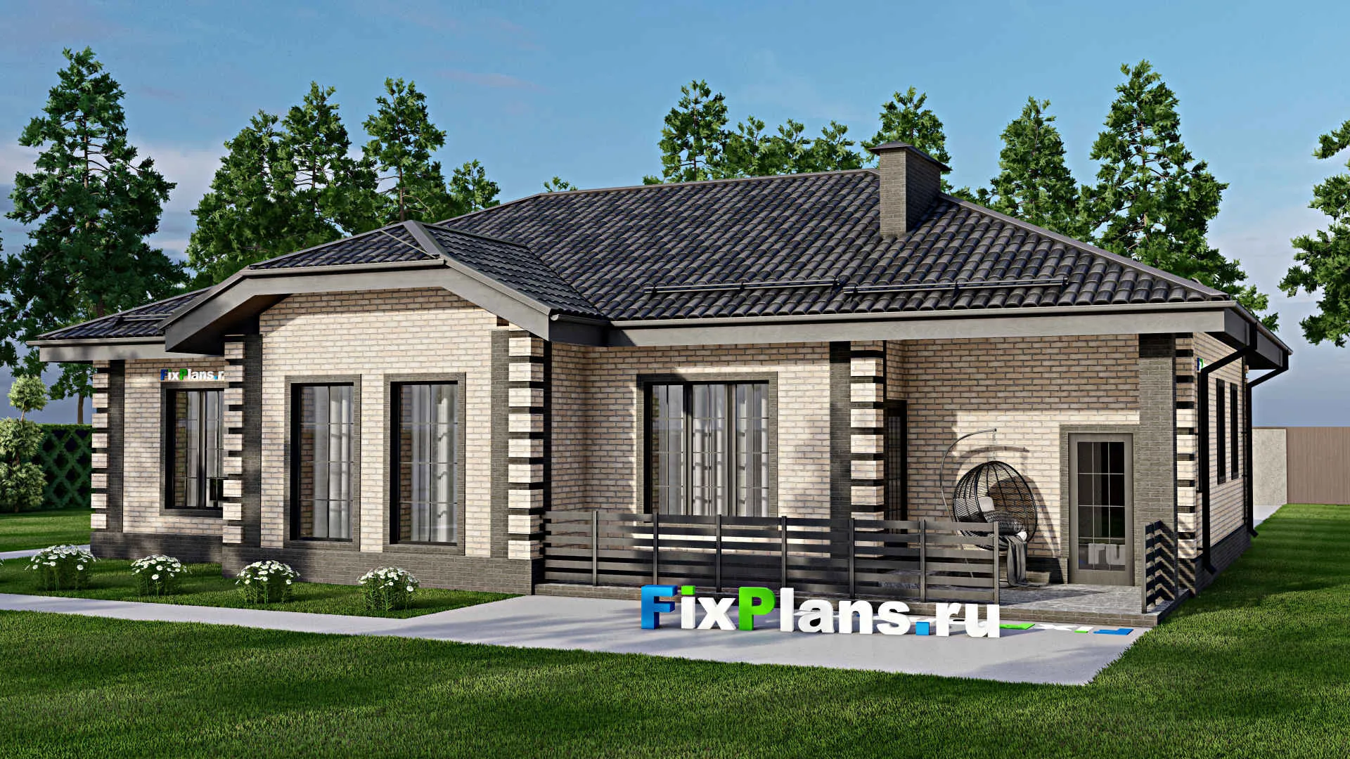 F-5561 - Проект одноэтажного дома 13 на 18, площадью 190 м² с террасой, гаражом на 1 машину и 3 спальнями