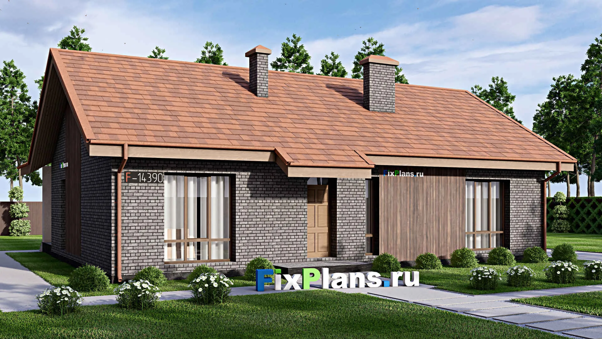 F-14390 - Проект одноэтажного дома 14 на 16, площадью 130 м² с террасой и 3 спальнями