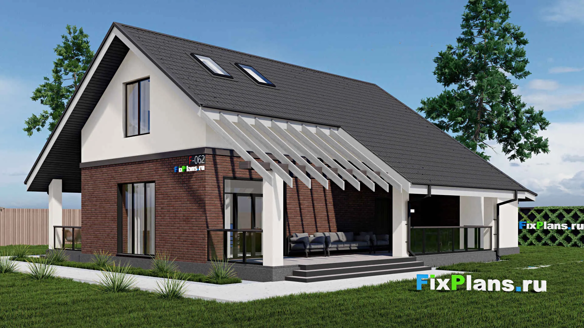 F-0062 - Планы дома с мансардой 14 на 18, площадью 280 м² с террасой, гаражом на 2 машины и 3 спальнями