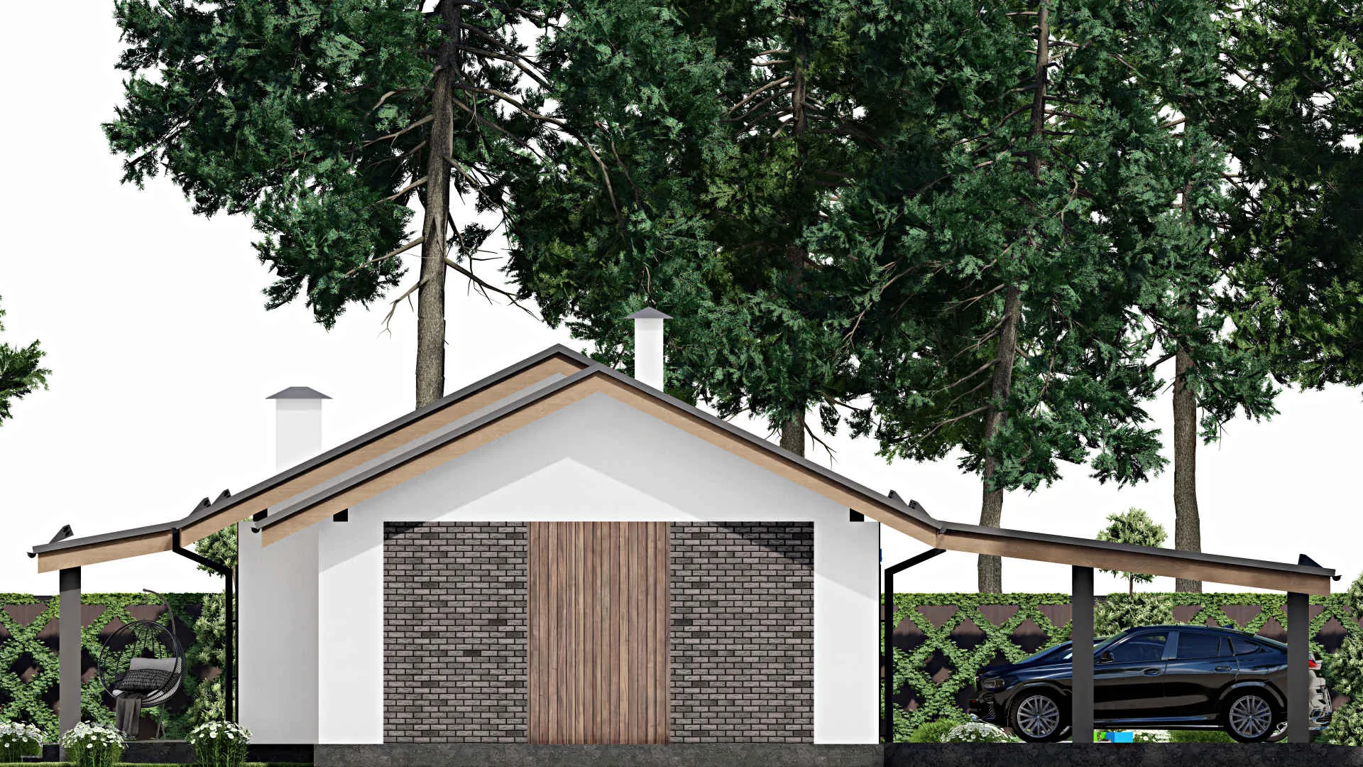 F-10709 - Проект одноэтажного дома 18 на 23, площадью 230 м² с террасой, гаражом на 1 машину и 3 спальнями