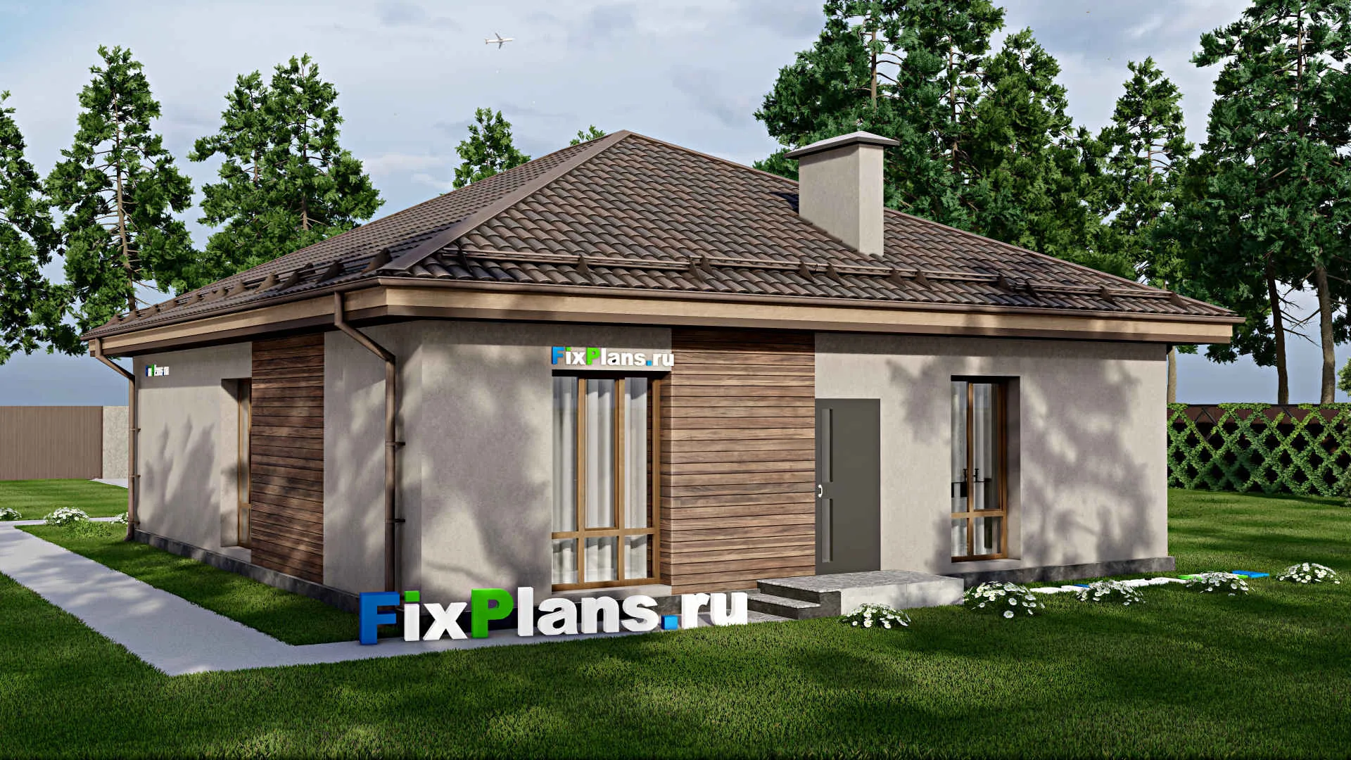 F-8216 - Проект одноэтажного дома 12 на 21, площадью 150 м² с гаражом на 1 машину и 3 спальнями