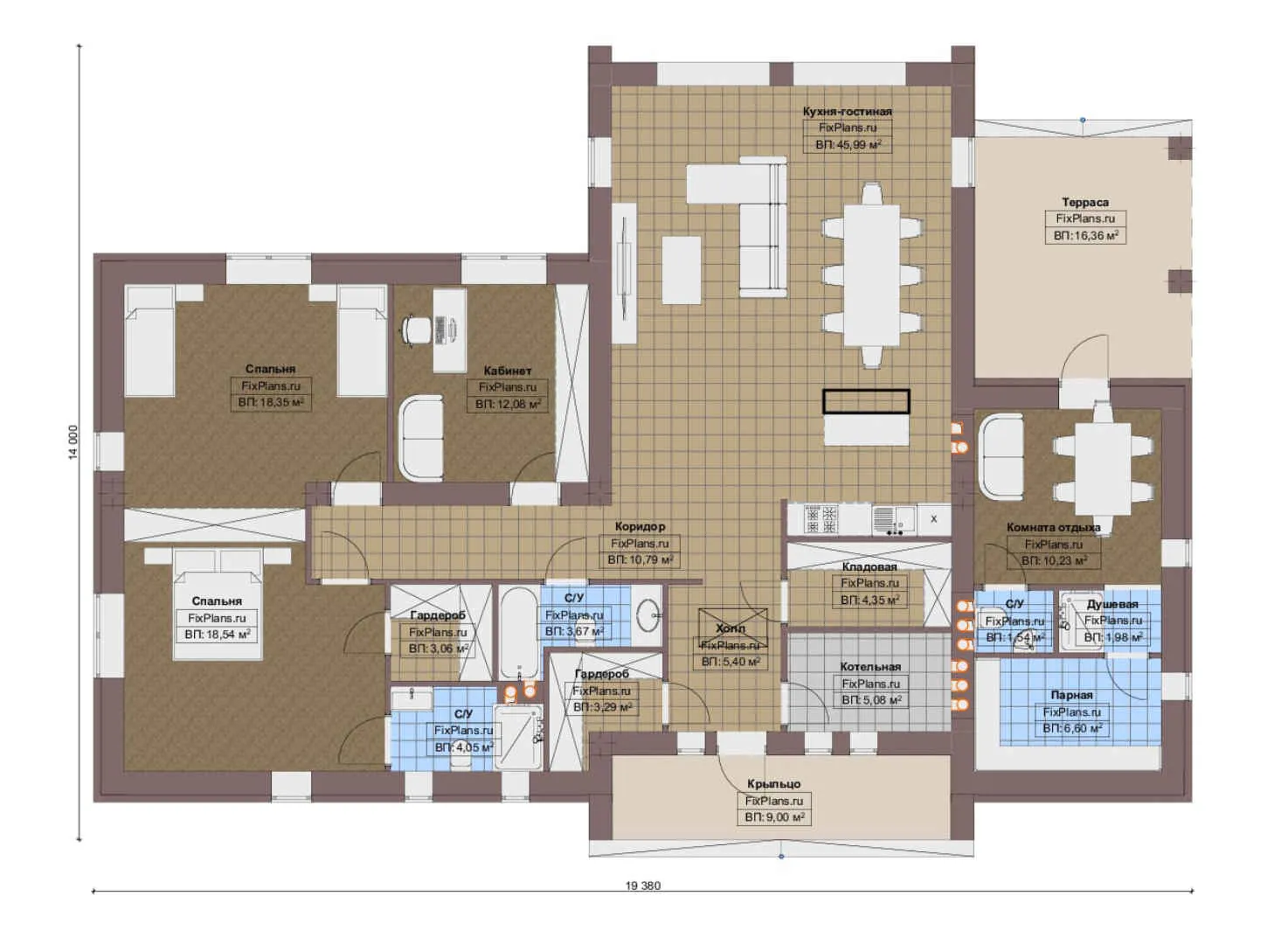 F-18494 - План одноэтажного дома 14 на 20, площадью 180 м² с террасой, баней и 2 спальнями