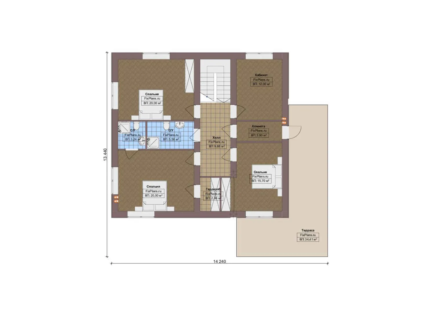 F-18827 - Планы двухэтажного дома 16 на 17, площадью 310 м² с террасой, баней, гаражом на 2 машины и 3 спальнями