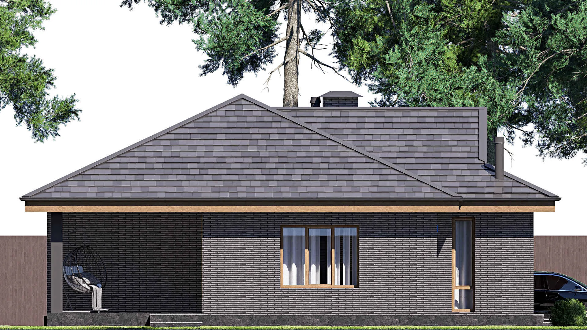 F-19187 - Проект одноэтажного дома 13 на 16, площадью 140 м² с террасой, гаражом на 2 машины и 2 спальнями