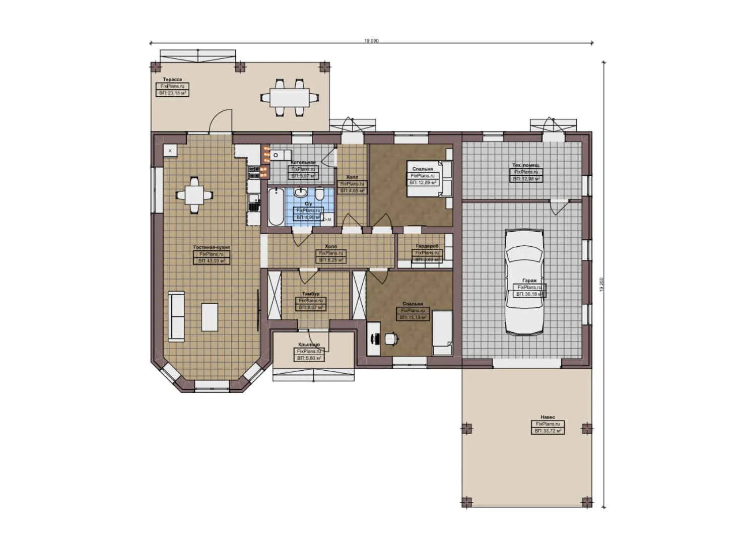 F-12077 - План одноэтажного дома 20 на 20, площадью 220 м² с террасой, гаражом на 2 машины и 2 спальнями