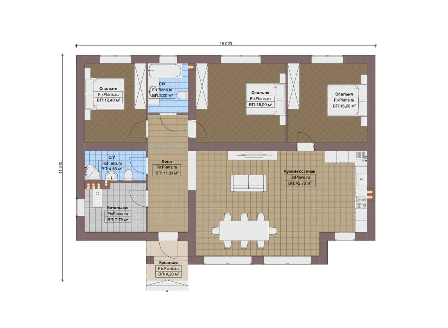 F-18638 - План одноэтажного дома 12 на 16, площадью 130 м² с 3 спальнями