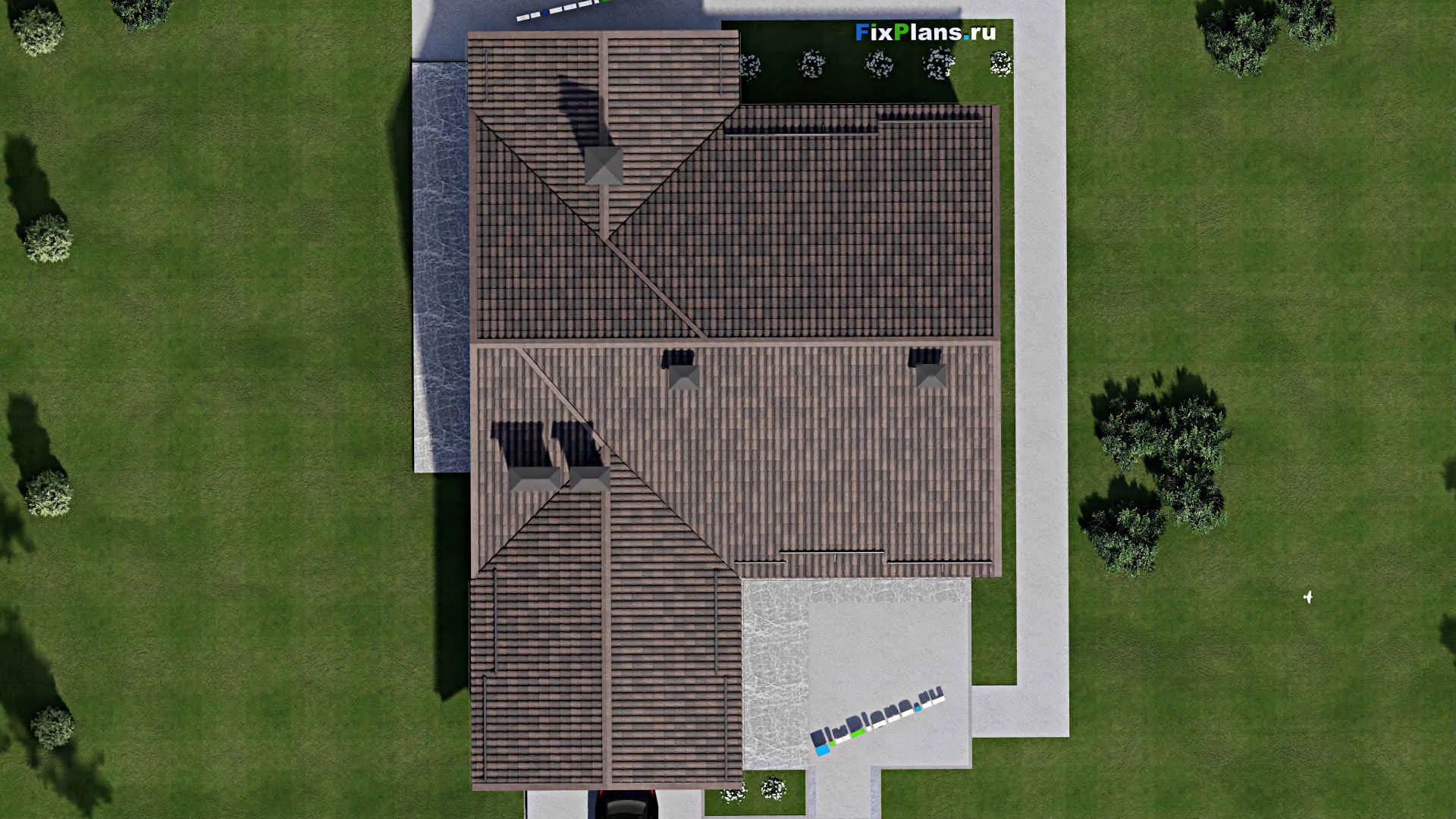 F-7172 - Проект дома с мансардой 14 на 19, площадью 330 м² с террасой, гаражом на 2 машины и 3 спальнями