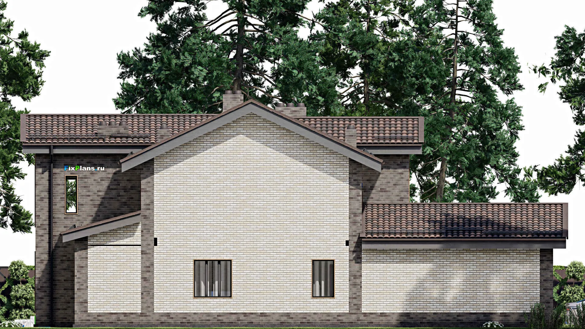 F-3932 - Проект дома с мансардой 20 на 20, площадью 390 м² с террасой, гаражом на 2 машины и 3 спальнями