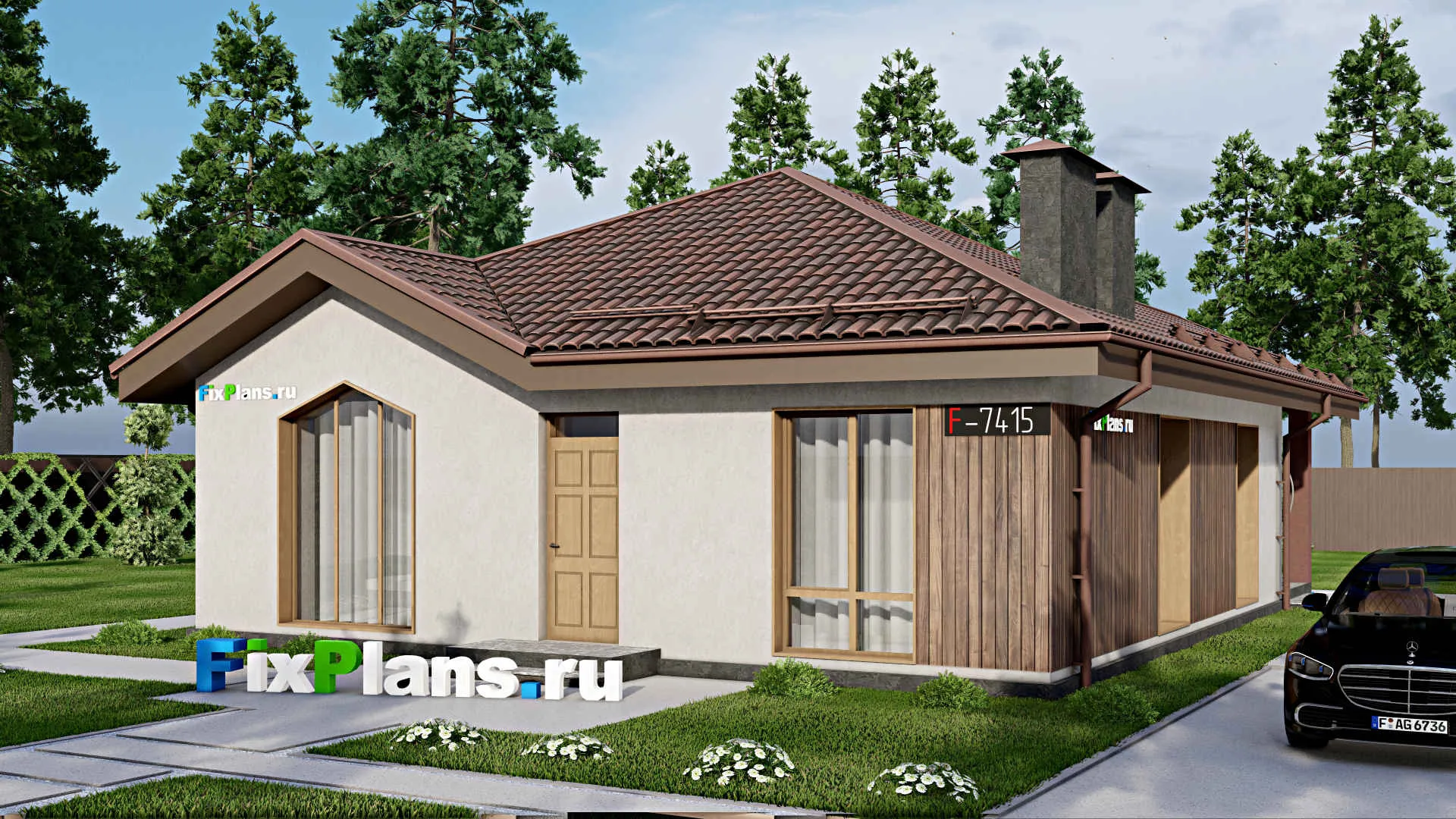 F-7415 - Проект одноэтажного дома 11 на 11, площадью 100 м² с террасой и 2 спальнями