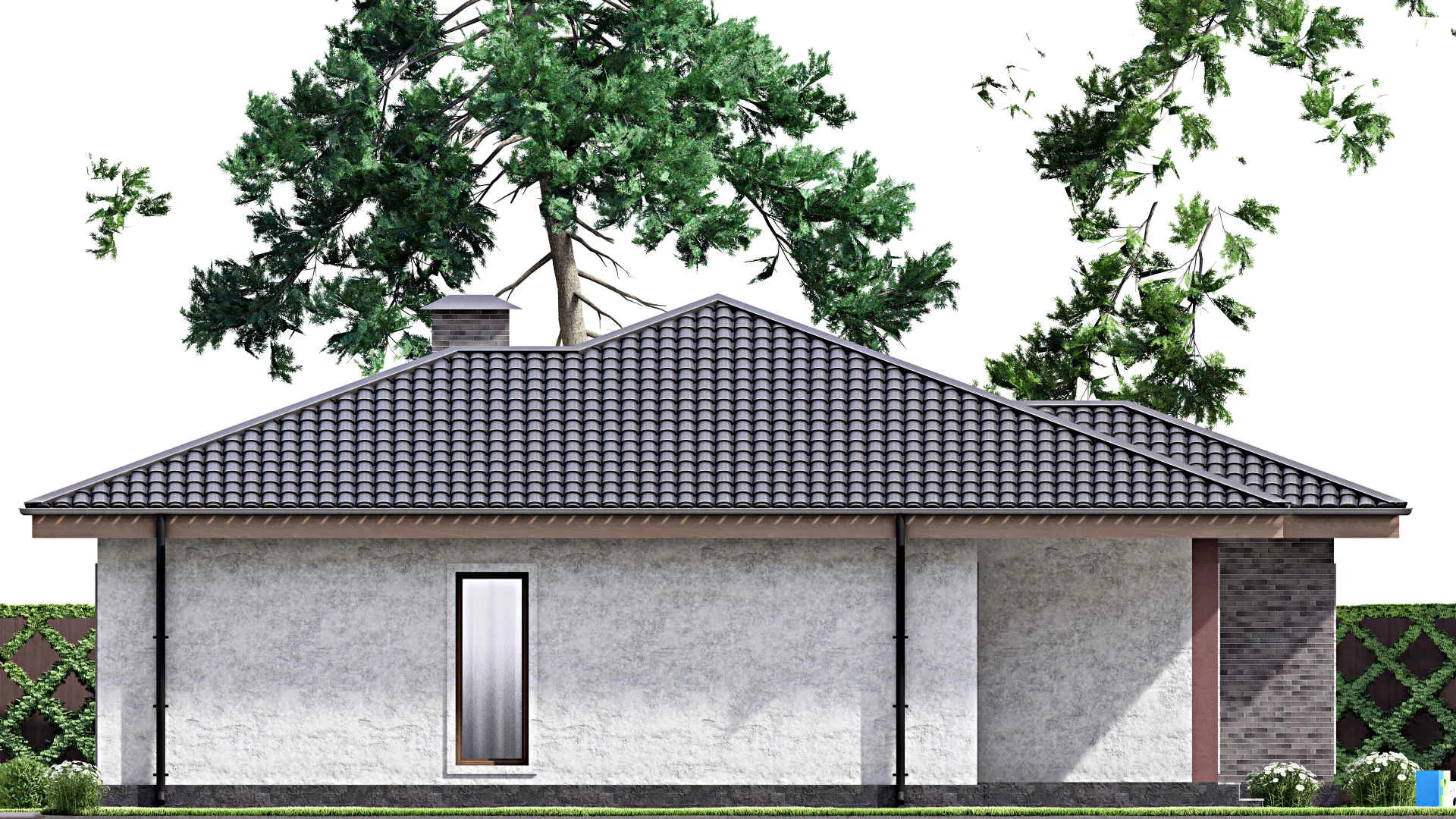 F-12536 - Проект одноэтажного дома 13 на 15, площадью 140 м² с террасой и 3 спальнями