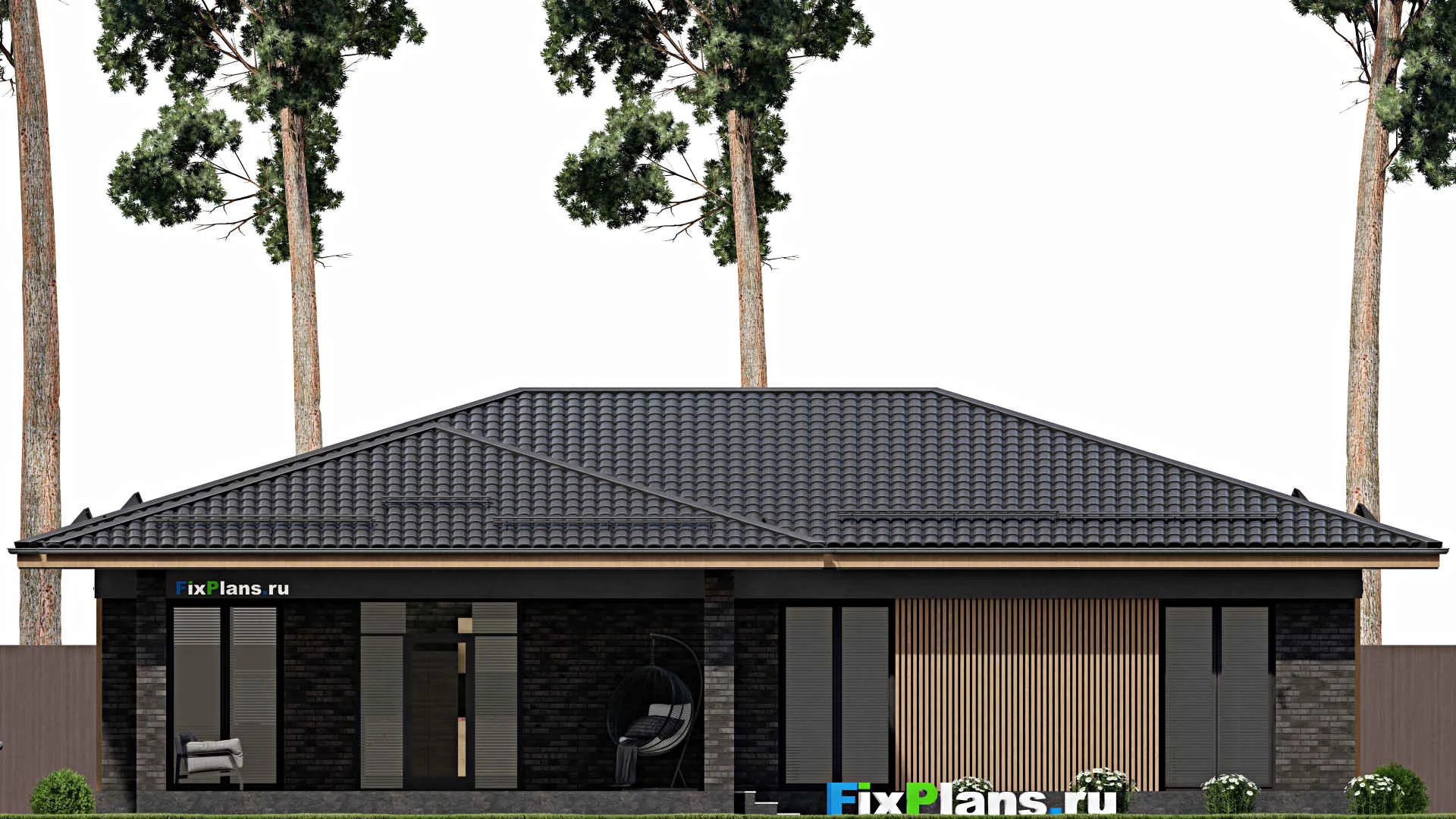 F-1979 - Проект одноэтажного дома 13 на 17, площадью 200 м² с террасой и 3 спальнями