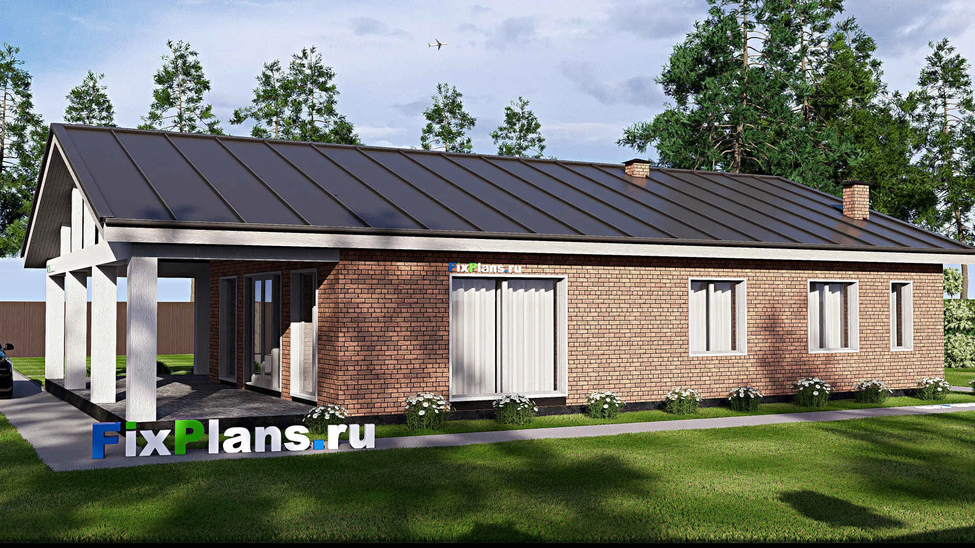 F-18395 - Проект одноэтажного дома 13 на 19, площадью 210 м² с террасой, баней и 3 спальнями