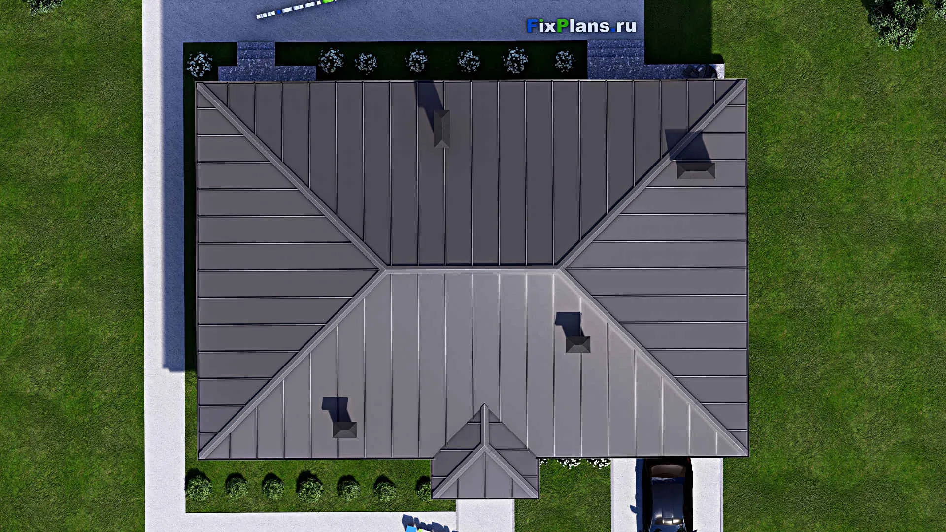 F-12473 - Проект одноэтажного дома 16 на 19, площадью 210 м² с террасой, гаражом на 1 машину и 2 спальнями