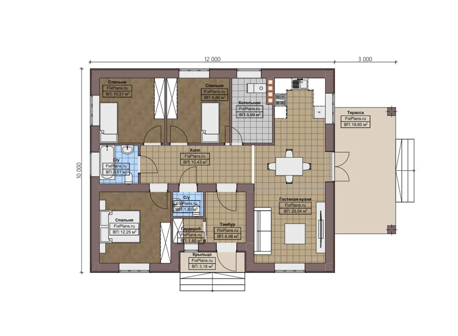 F-2726 - План одноэтажного дома 10 на 12, площадью 120 м² с террасой и 3 спальнями