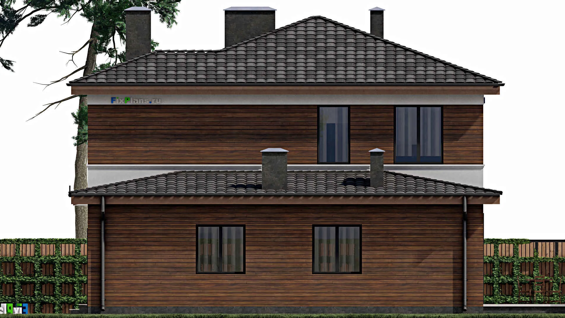 F-0530 - Проект двухэтажного дома 12 на 13, площадью 220 м² с террасой, гаражом на 1 машину и 4 спальнями