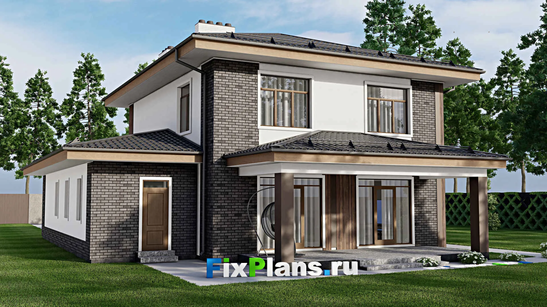 F-9386 - Проект двухэтажного дома 13 на 19, площадью 240 м² с террасой, гаражом на 1 машину и 4 спальнями