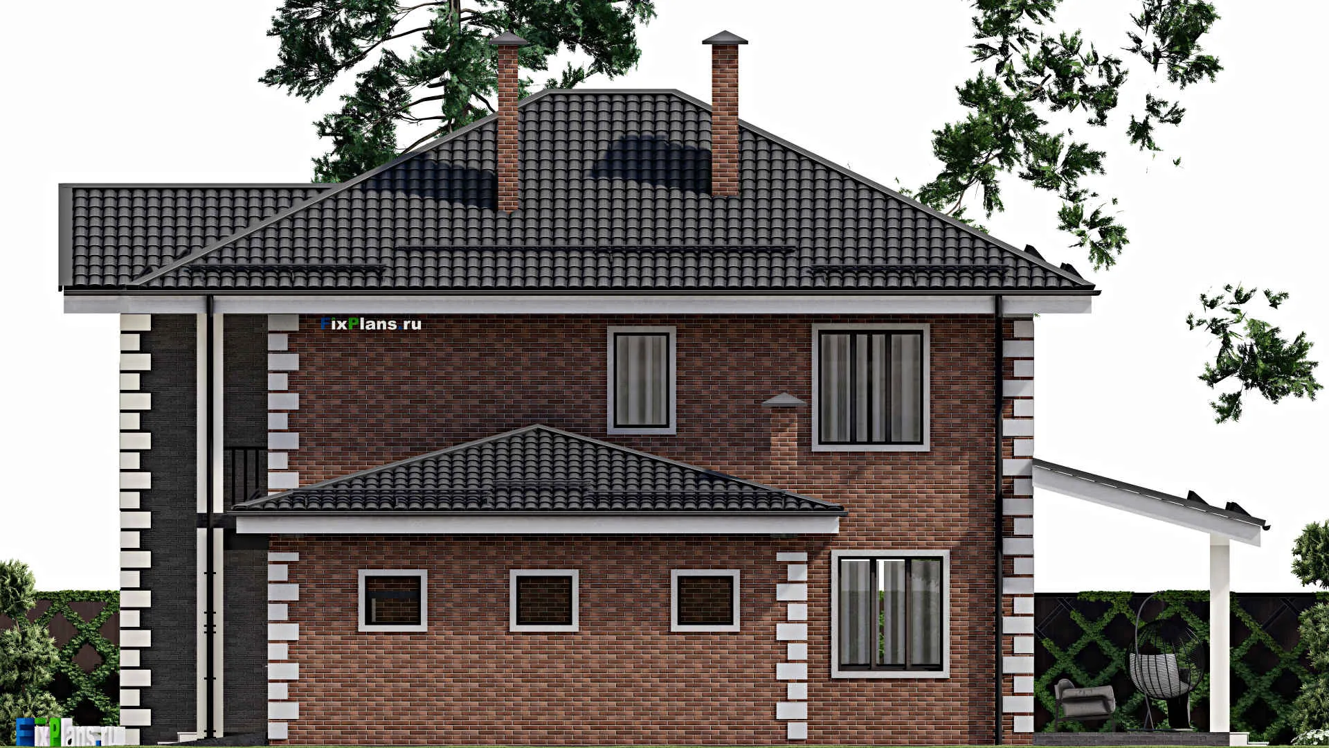 F-4193 - Проект двухэтажного дома 14 на 17, площадью 280 м² с террасой, балконом, гаражом на 1 машину и 4 спальнями