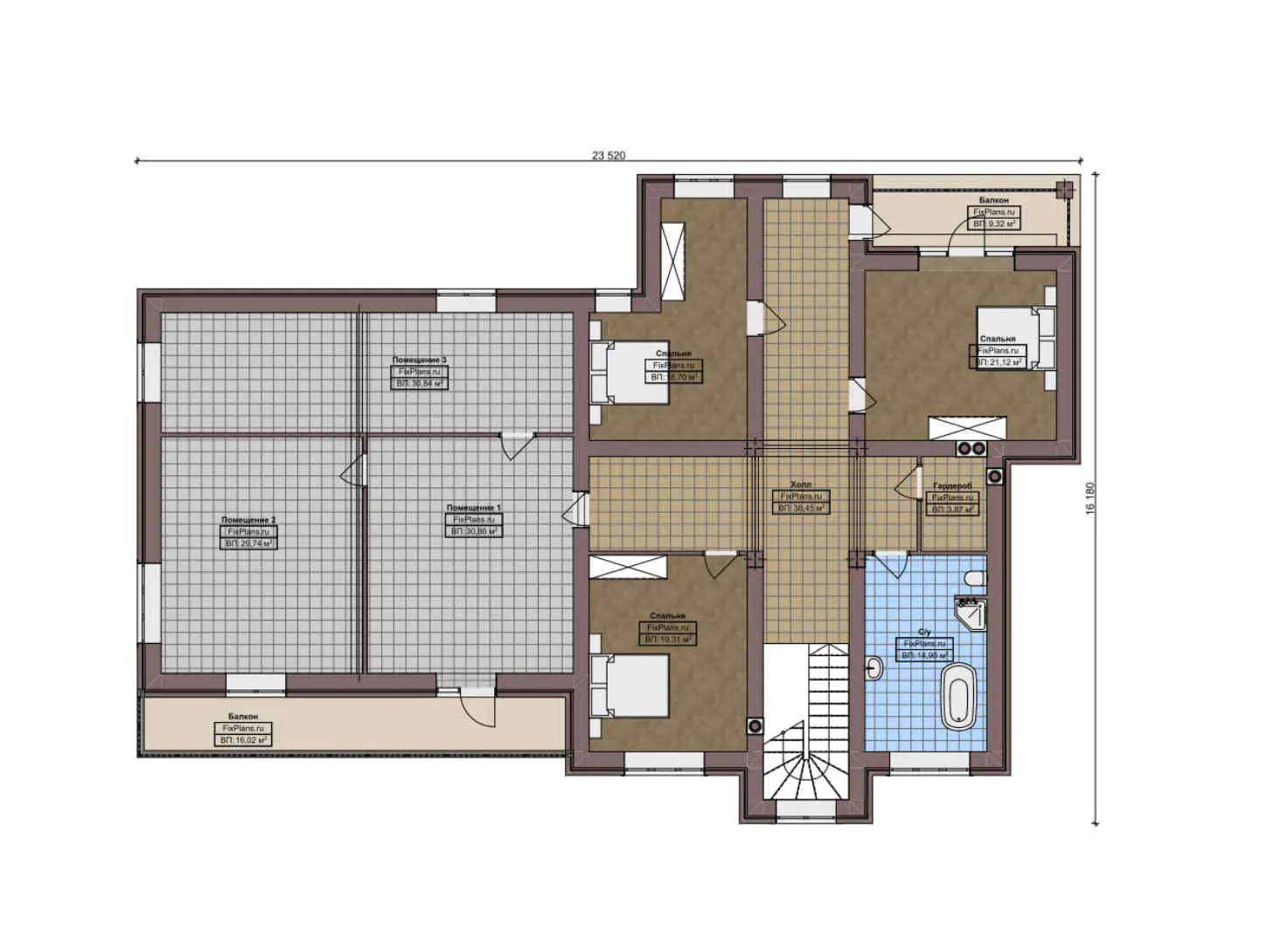 F-5507 - Планы двухэтажного дома 17 на 25, площадью 500 м² с террасой, балконом, гаражом на 2 машины и 4 спальнями