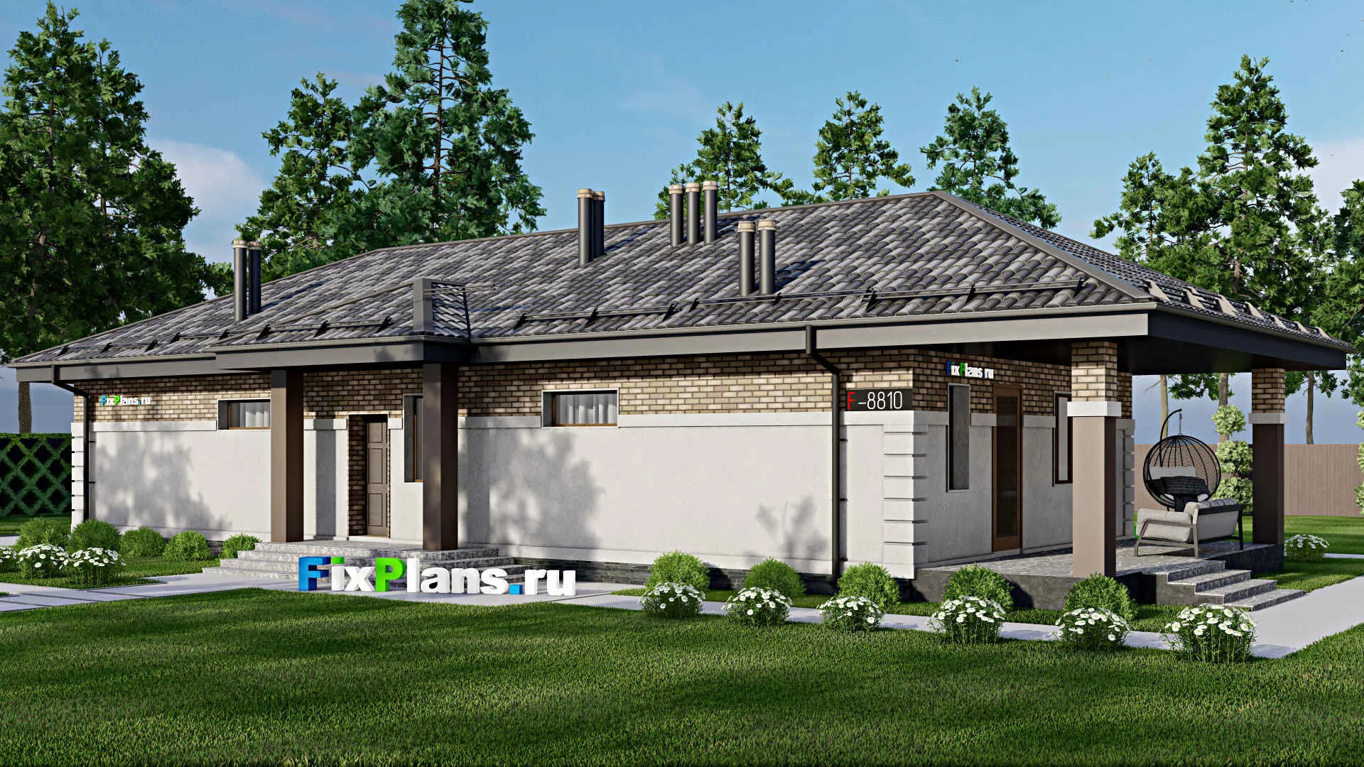 F-8810 - Проект одноэтажного дома 10 на 22, площадью 150 м² с террасой и 4 спальнями