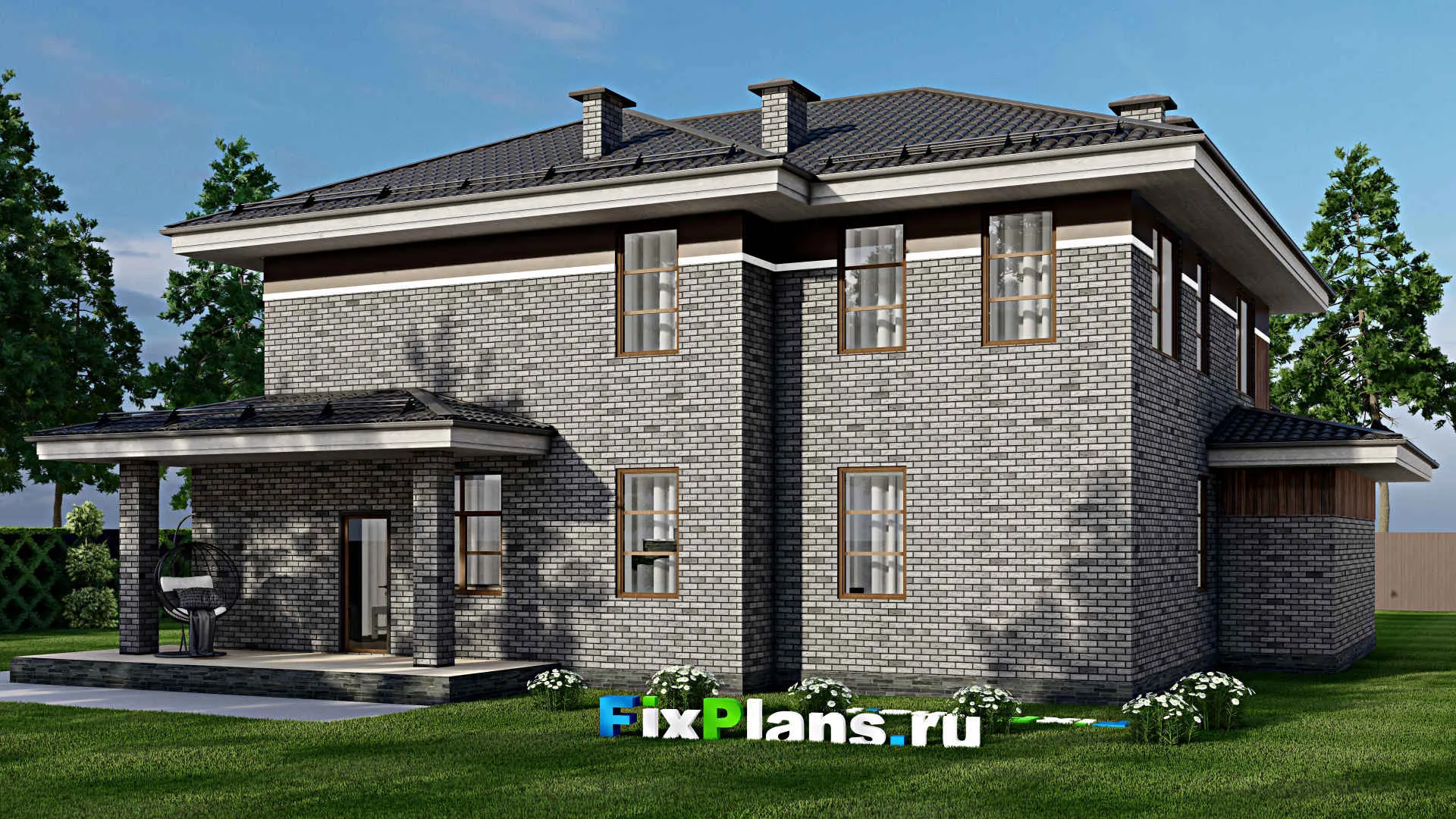 F-9989 - Проект двухэтажного дома 17 на 18, площадью 270 м² с террасой, балконом, гаражом на 2 машины и 3 спальнями