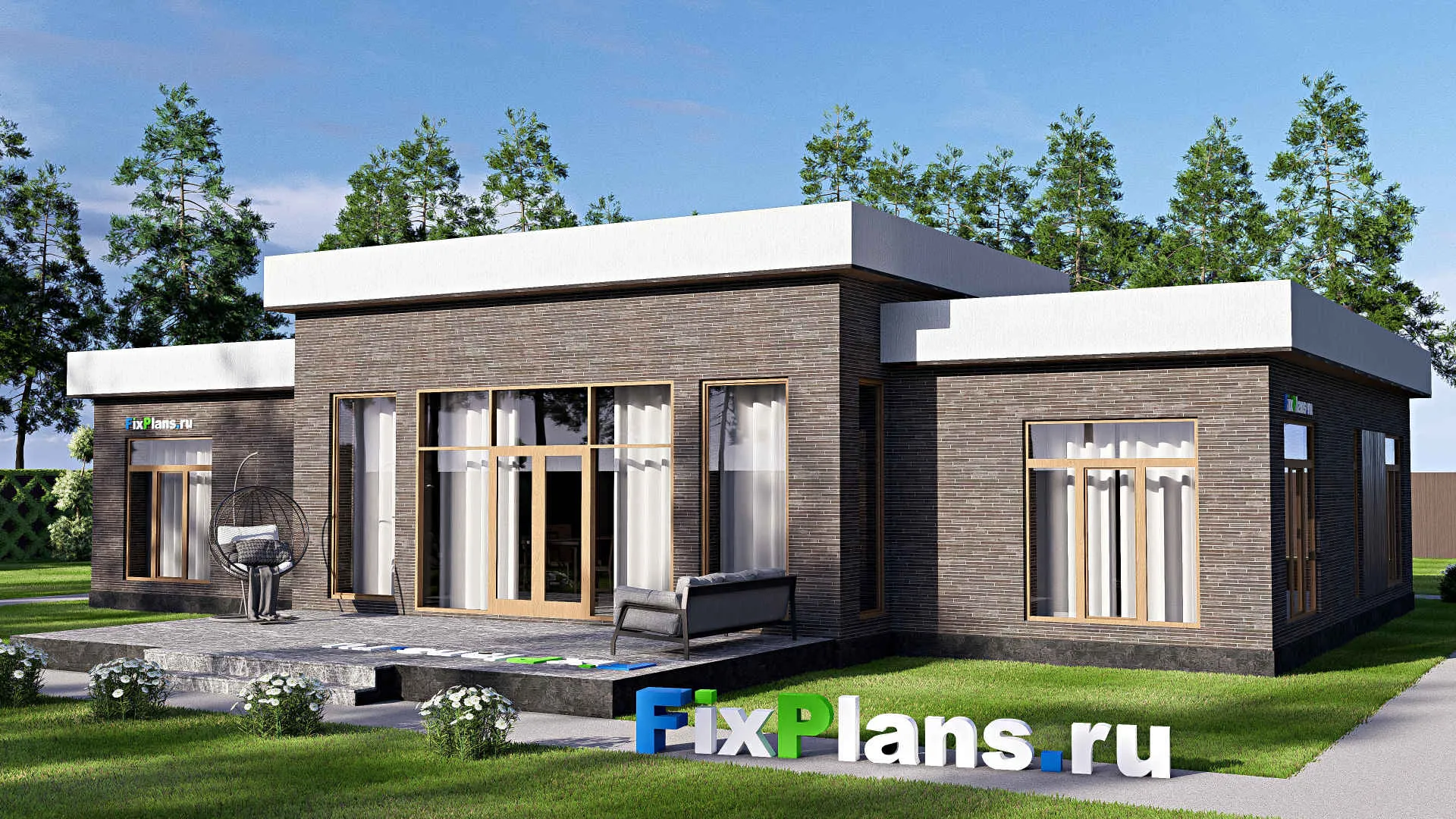 F-19601 - Проект одноэтажного дома 18 на 19, площадью 220 м² с террасой и 4 спальнями