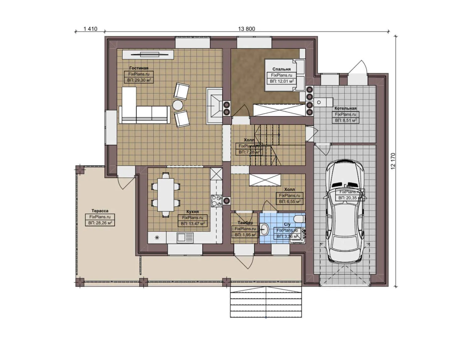F-2897 - Планы дома с мансардой 13 на 14, площадью 250 м² с террасой, балконом, гаражом на 1 машину и 6 спальнями