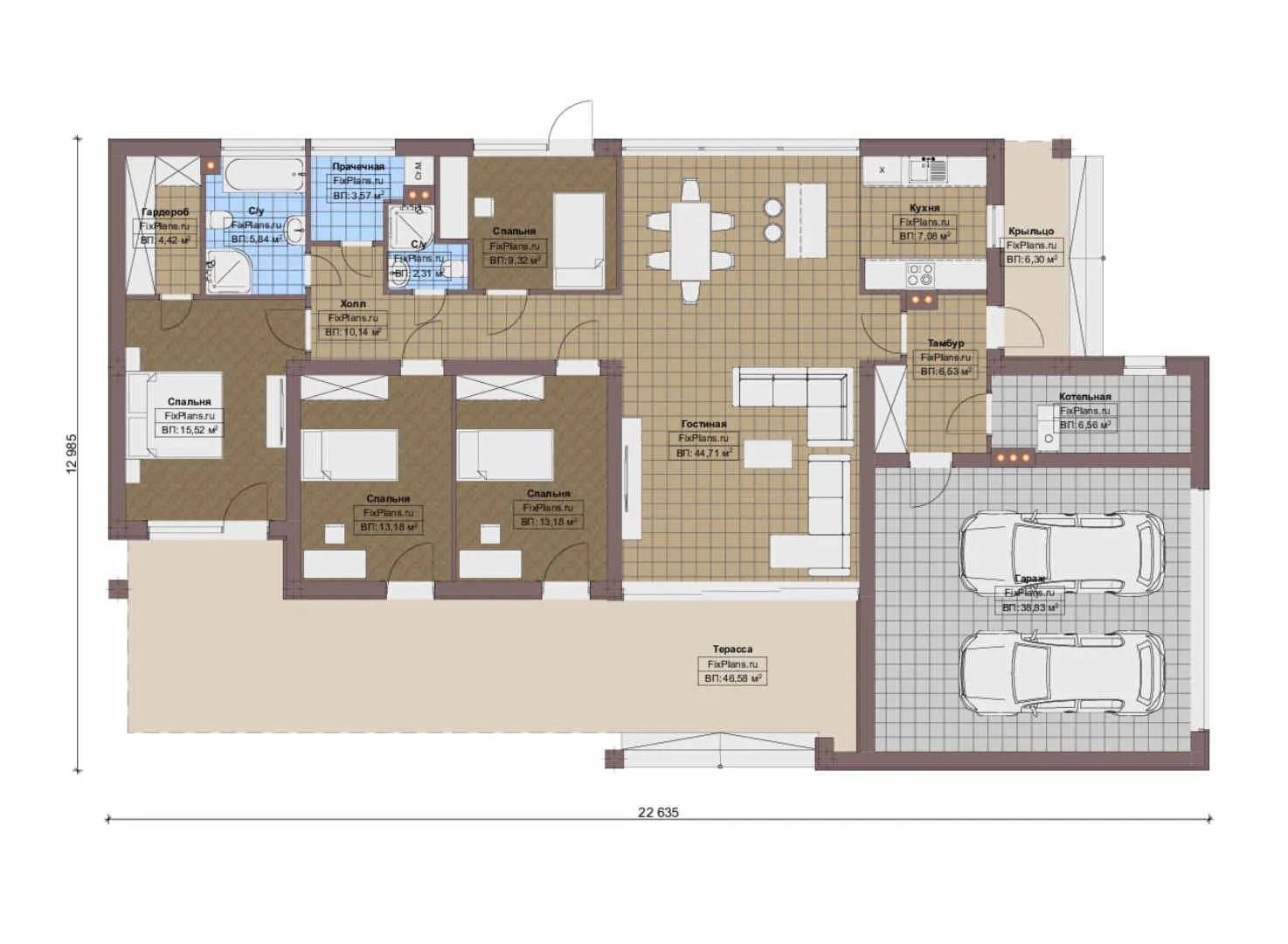 F-16217 - План одноэтажного дома 13 на 23, площадью 240 м² с террасой, гаражом на 2 машины и 4 спальнями