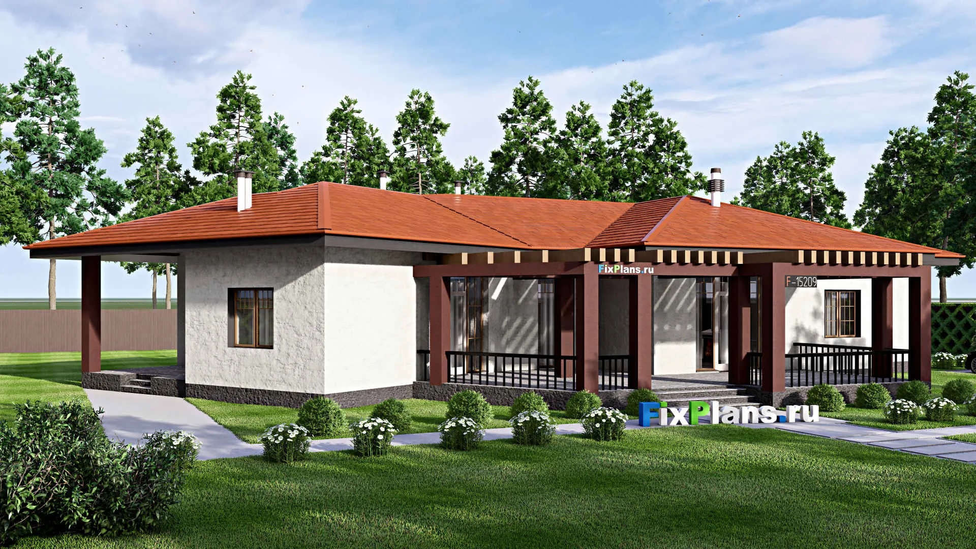 F-15209 - Проект одноэтажного дома 22 на 28, площадью 300 м² с террасой и 4 спальнями