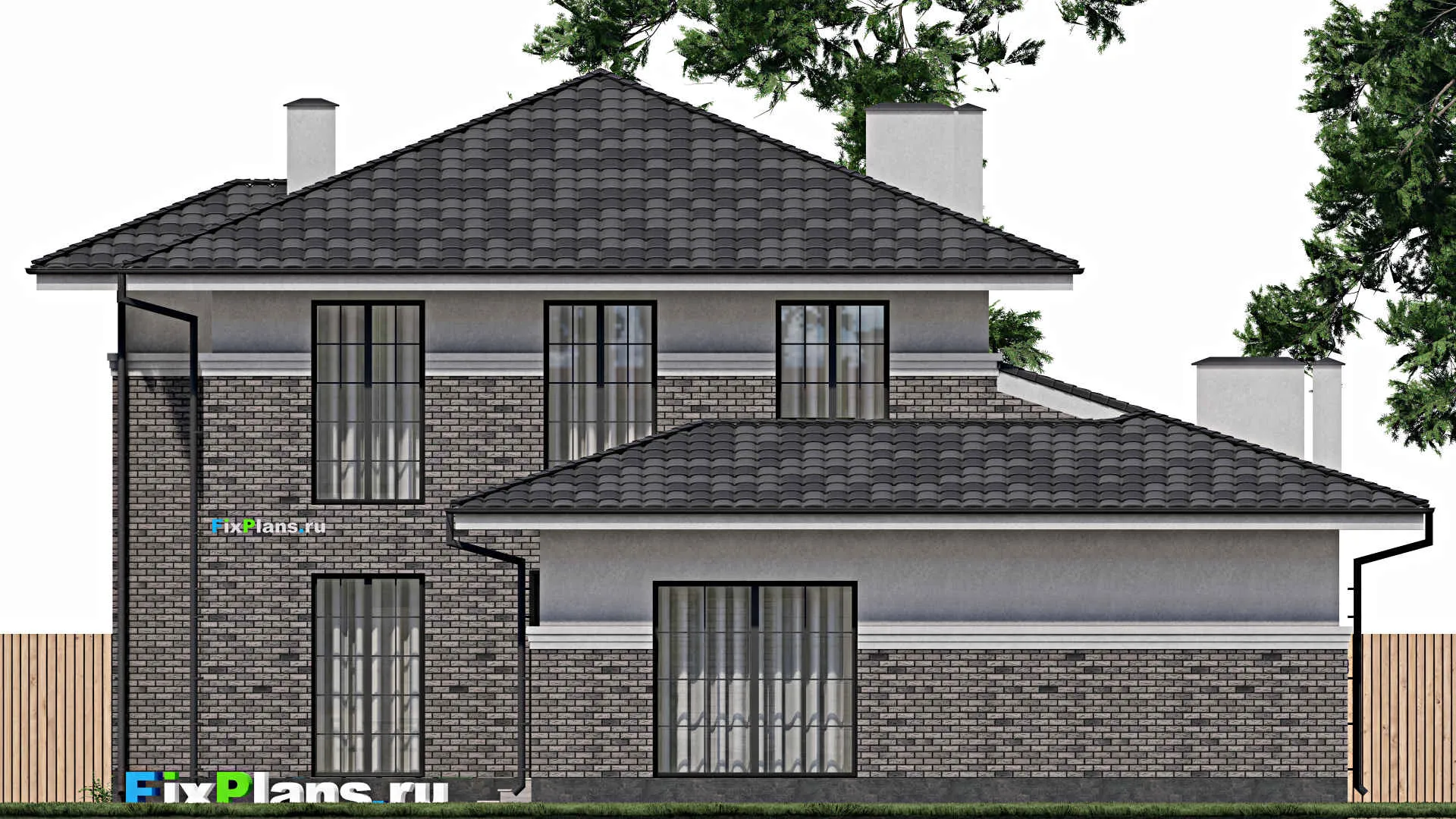 F-0431 - Проект двухэтажного дома 17 на 27, площадью 380 м² с террасой, гаражом на 1 машину, бассейном и 5 спальнями